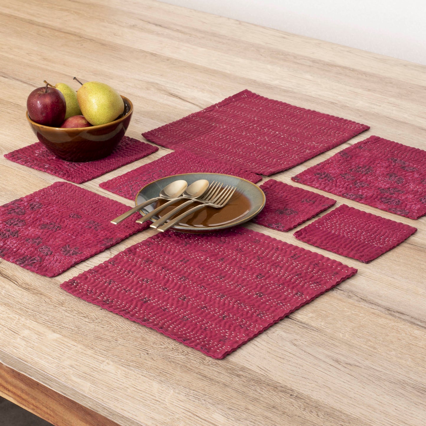 Printed Fray Handmade Kantha Coasters - Pink (Set of 2)