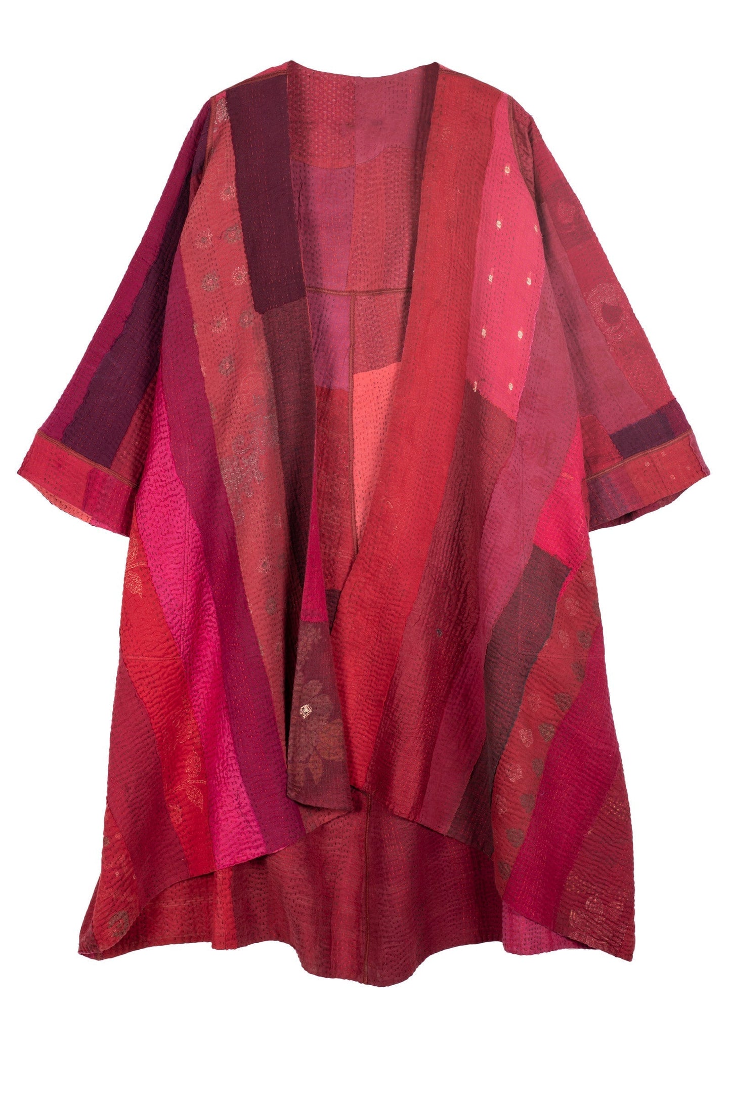 STRIPE AND CHECK COTTON SILK PATCH KANTHA WRAP FLARE COAT - ss4330-red -