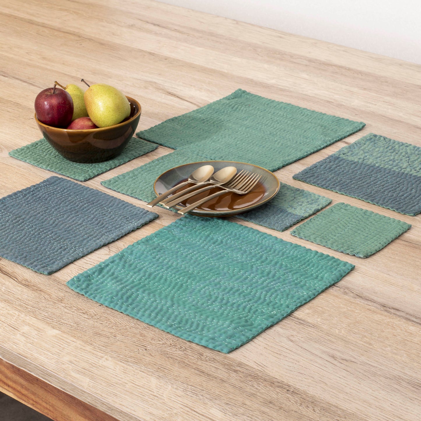 Printed Fray Handmade kantha Coasters - Sage (Set of 2)