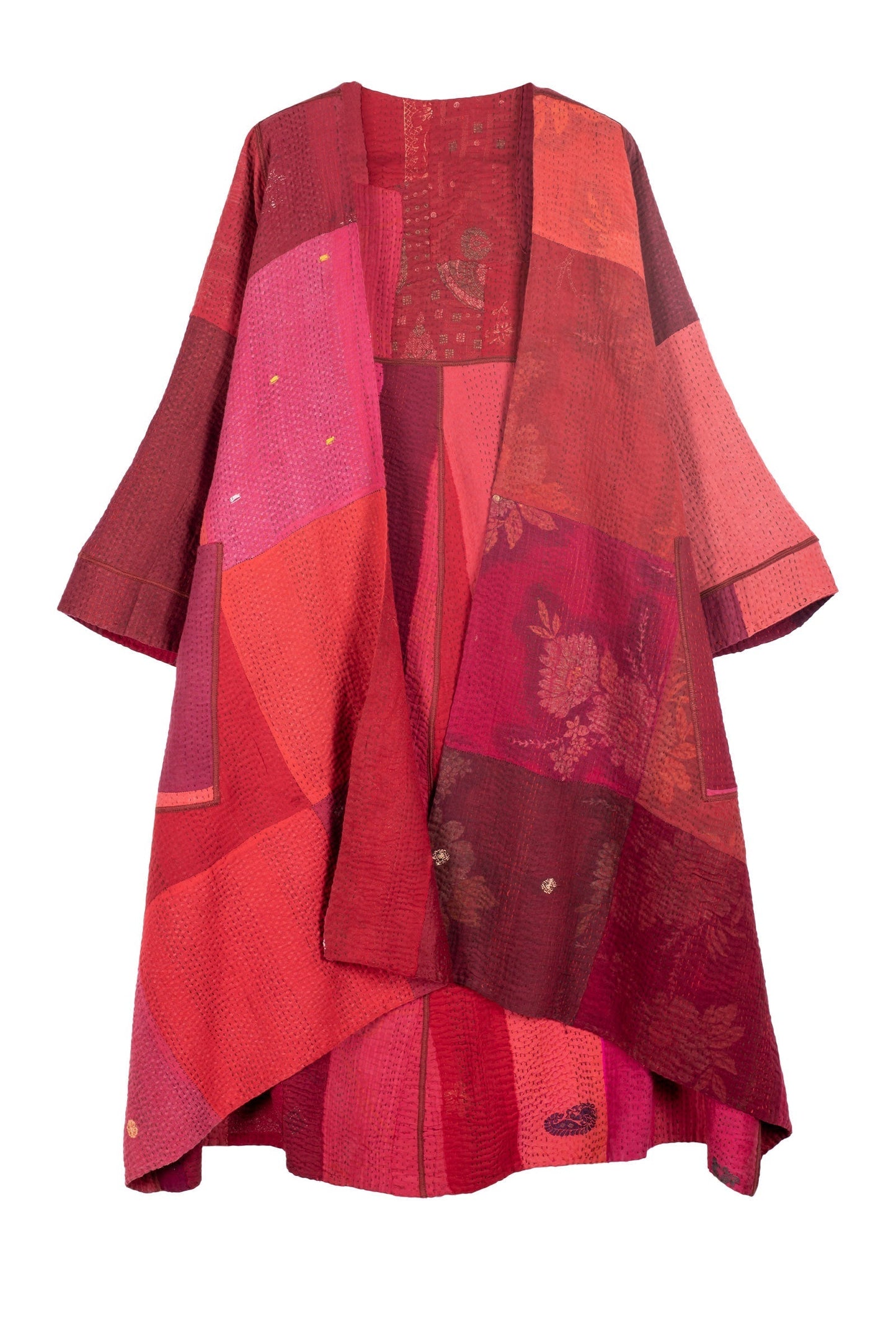 STRIPE AND CHECK COTTON SILK PATCH KANTHA WRAP FLARE COAT - ss4330-red -