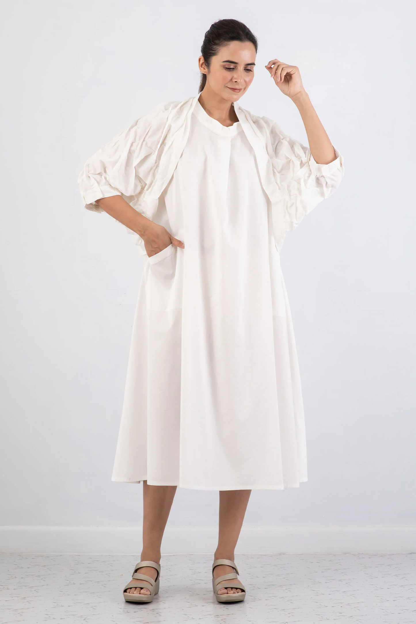 DYED COTTON SILK VOILE WAVY TUCK SHRUG - dc1067-wht -