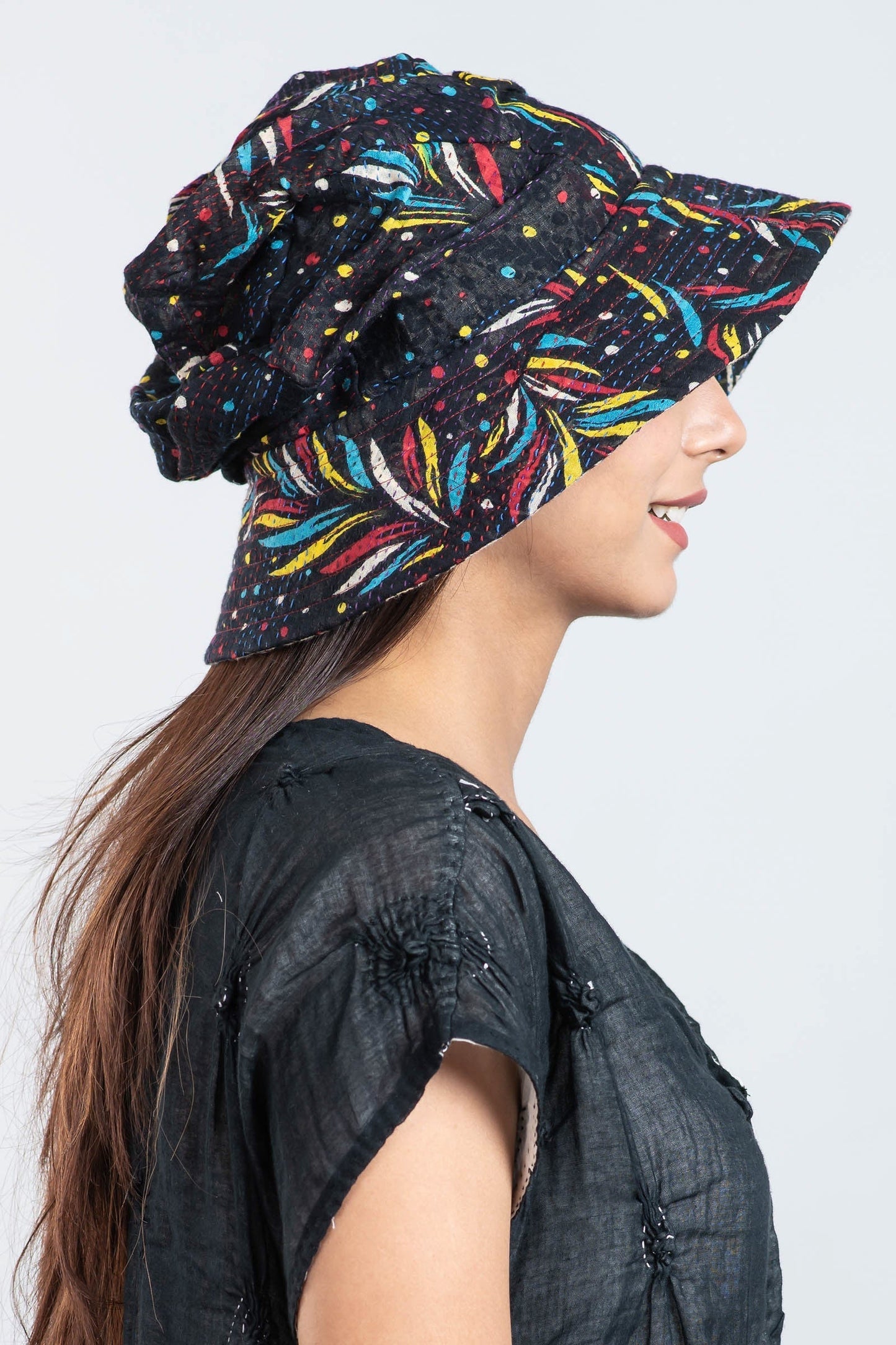 PATCHED & LEAVES KANTHA FULL BRIM HAT - pl2889-blk -