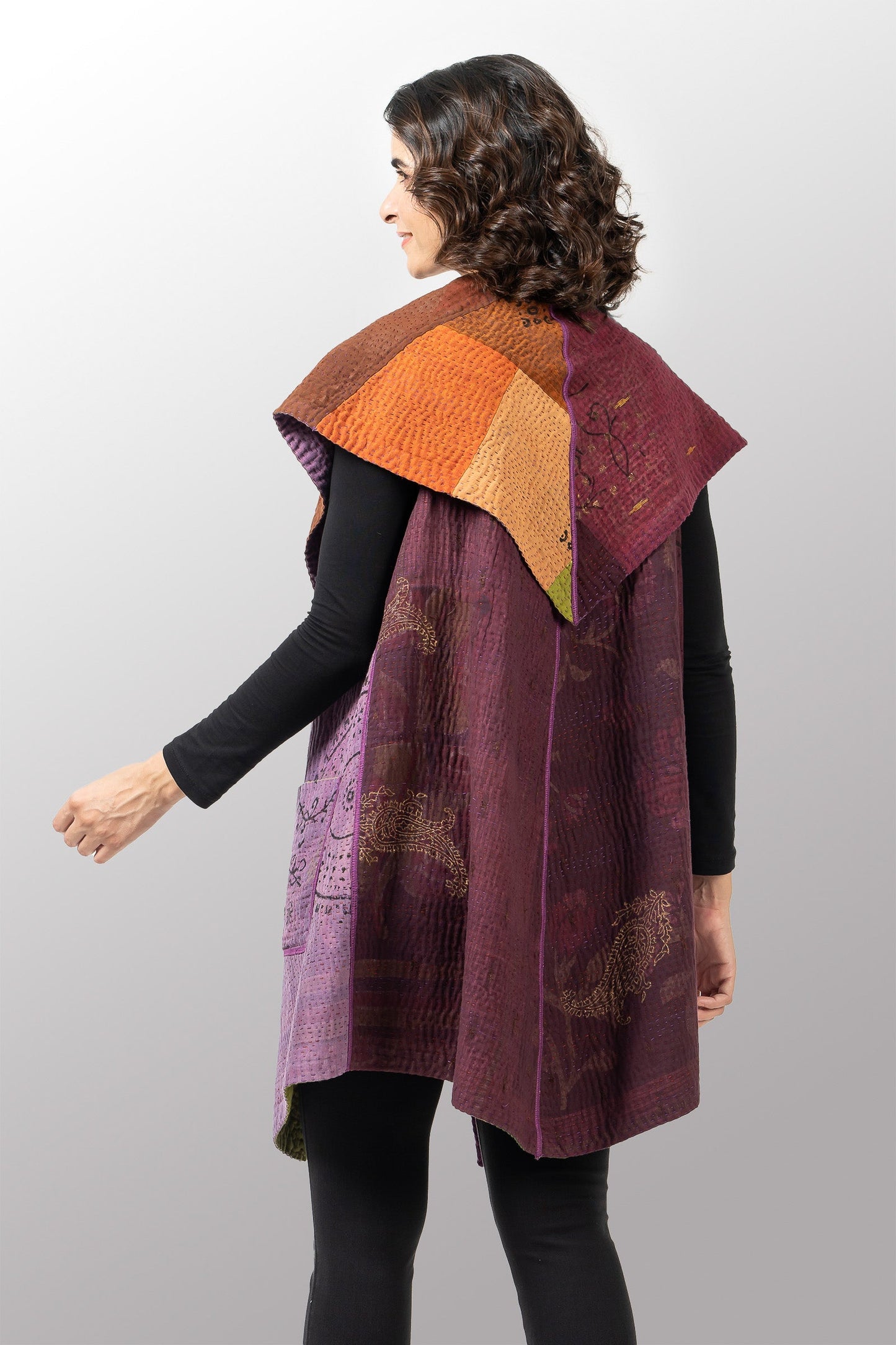 OMBRE PATCHED GOLD STAMP KANTHA CIRCULAR VEST - og4201-mlt -