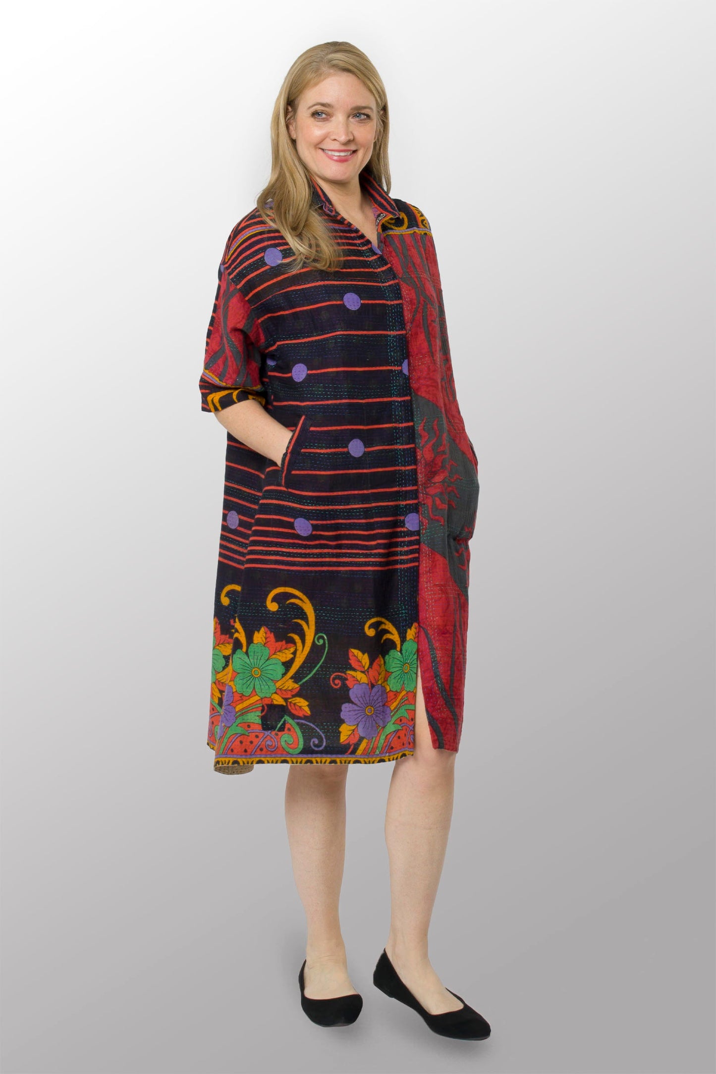 VINTAGE COTTON KANTHA 3/4 SLV. SHIRT DRESS - cv2459-0001s -