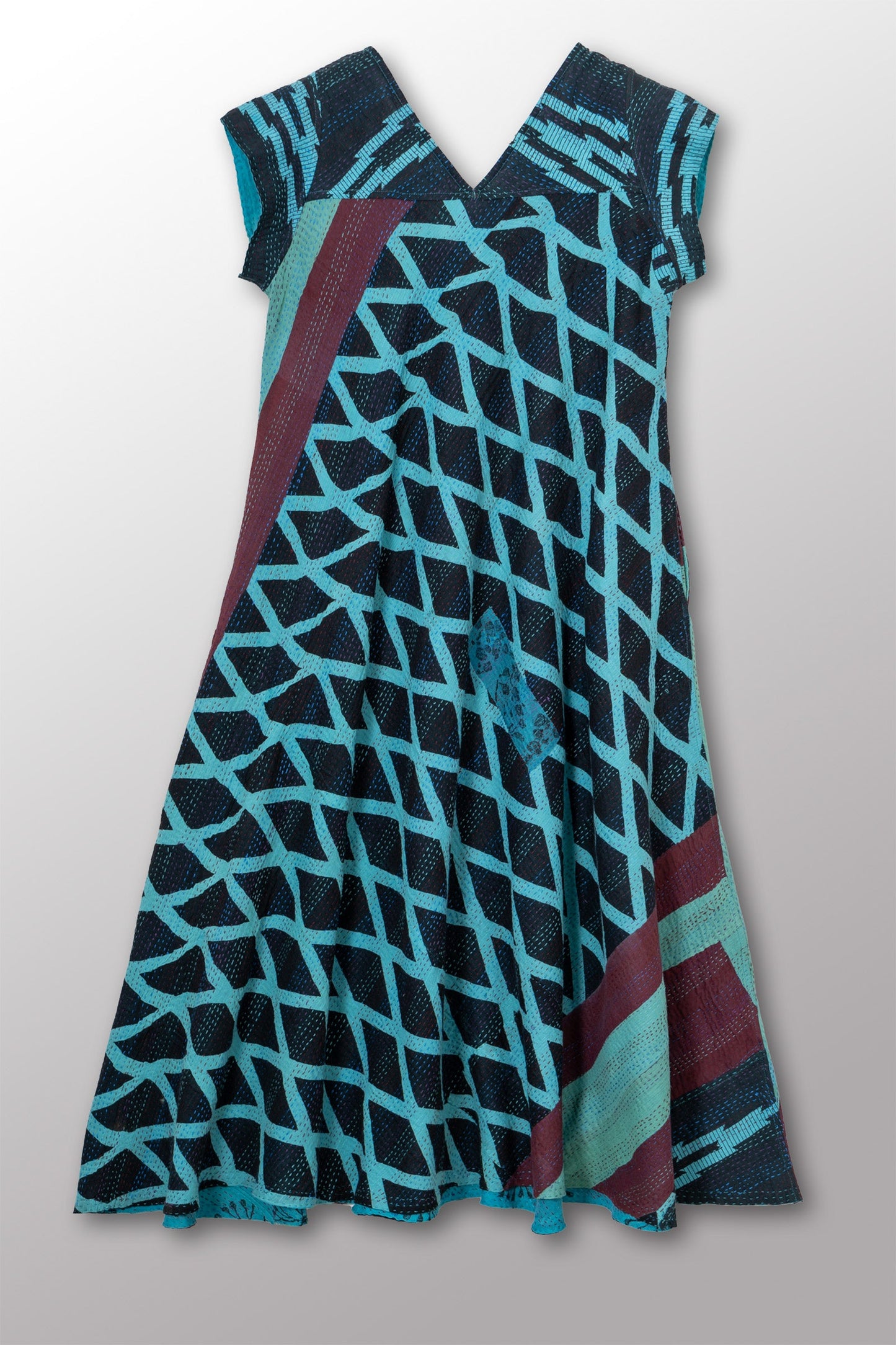 VINTAGE COTTON & NEW VOILE KANTHA CAP SLV. FLARE DRESS - cn2425-0008s -