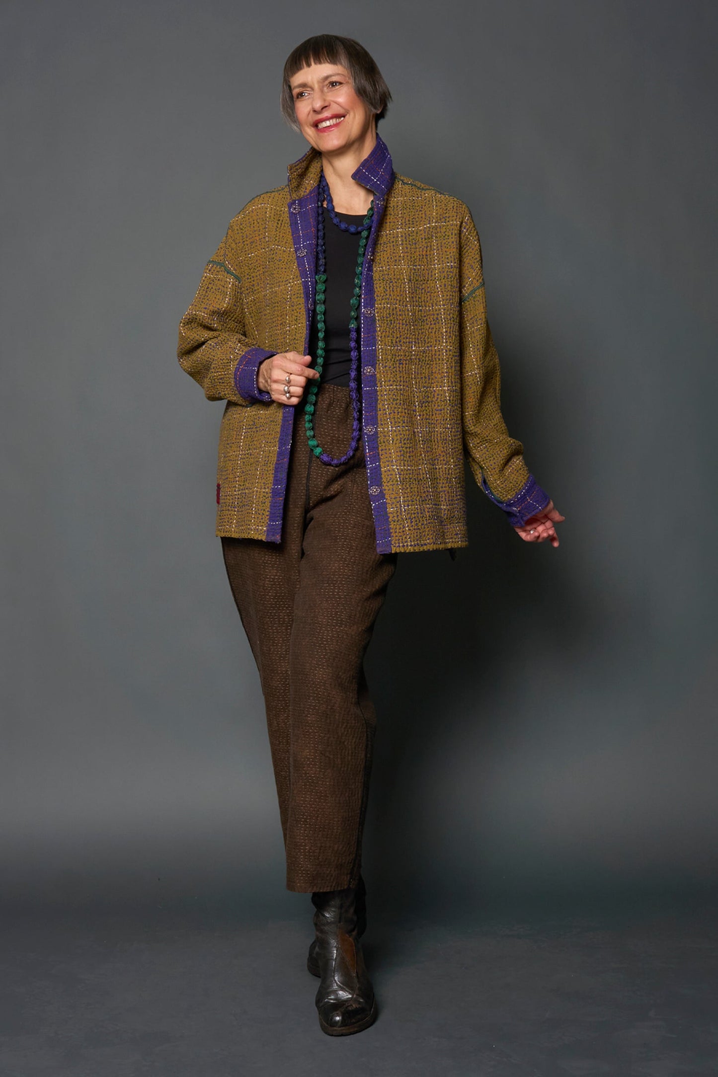 WOOL WAFFLE KANTHA RELAXED SHIRT JACKET - ww3j105-prp -