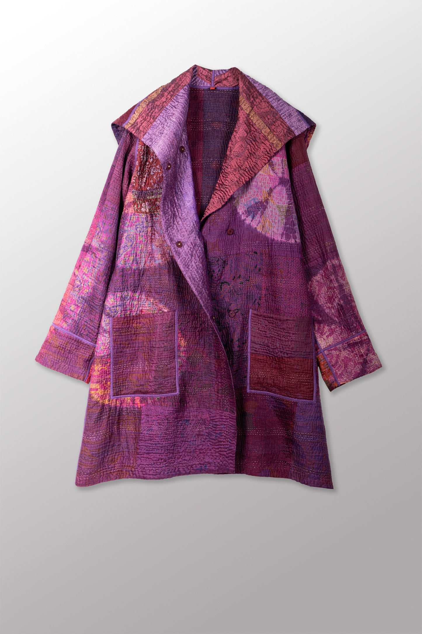TIE DYE CIRCLE SHIBORI KANTHA POCKET MEDIUM COAT - td4316-prp -