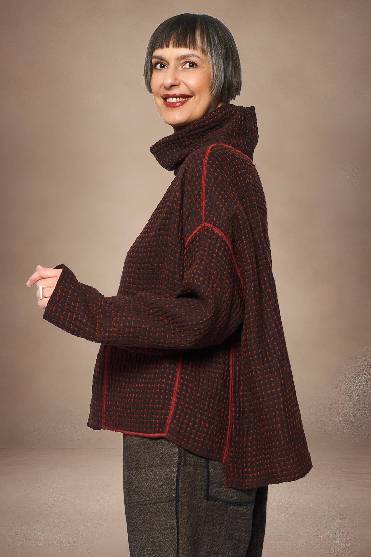 ABSTRACT WAFFLE KANTHA FUNNEL NECK PULLOVER - bw3t106-org -