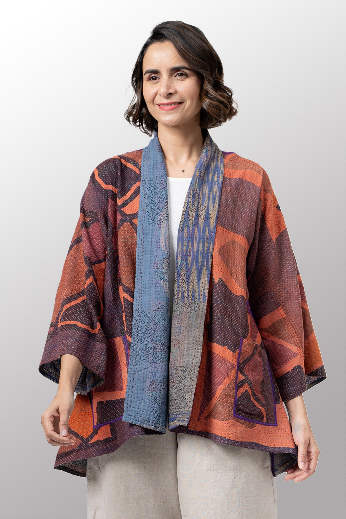 COTTON OVERDYE KANTHA KIMONO JACKET - ov2004-corg001a -