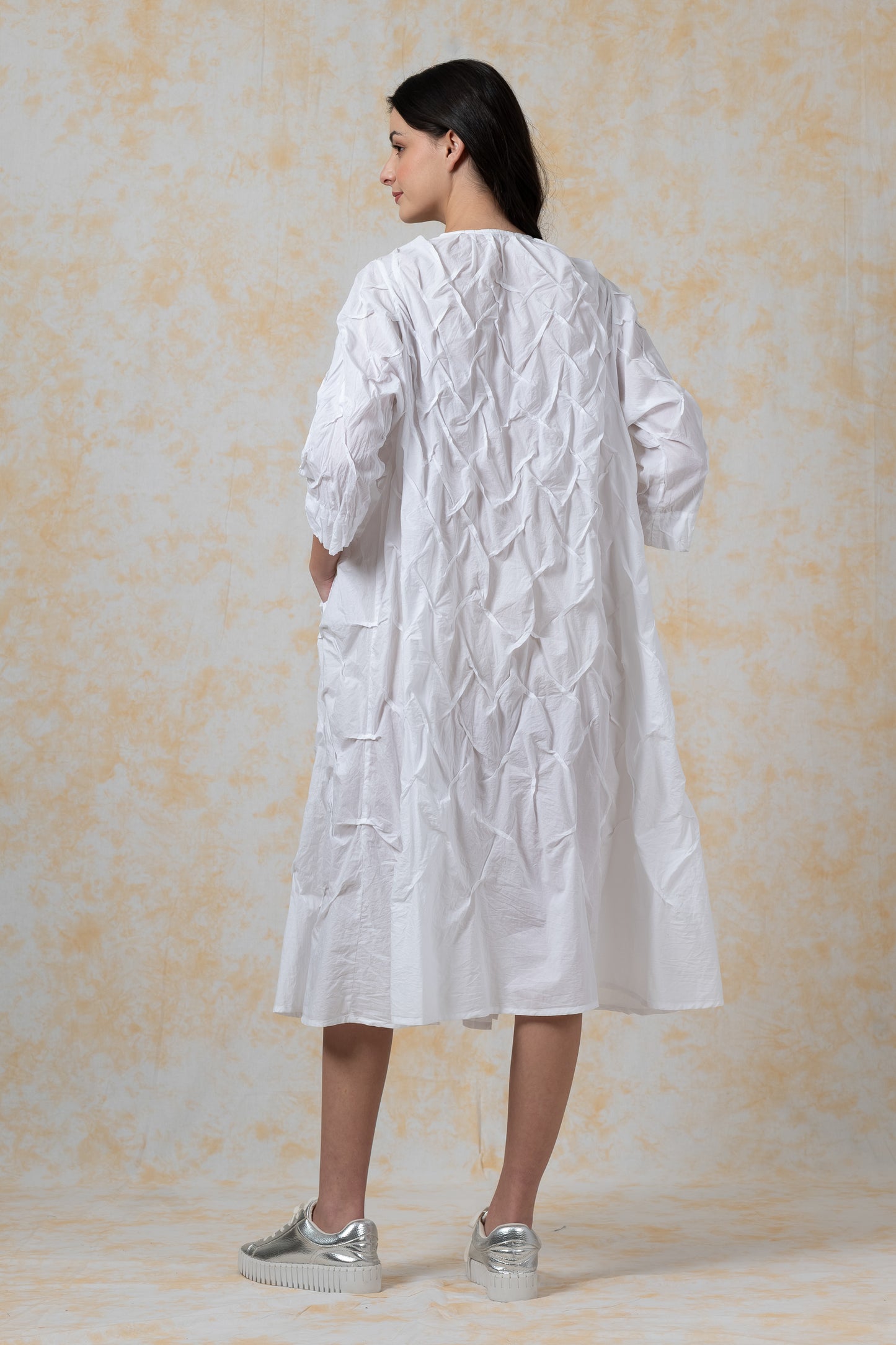 POLISHED COTTON WAVY TUCK-A-LINE DRESS - bl-wl1453-ivy-