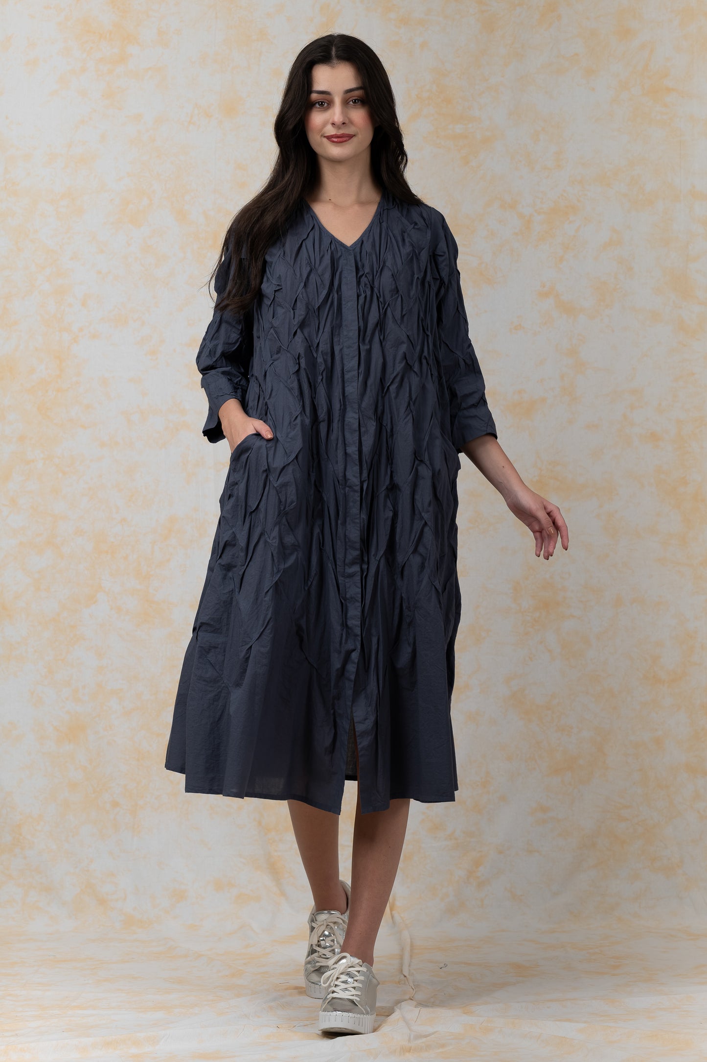 POLISHED COTTON WAVY TUCK-A-LINE DRESS - bl-wl1453-gry-