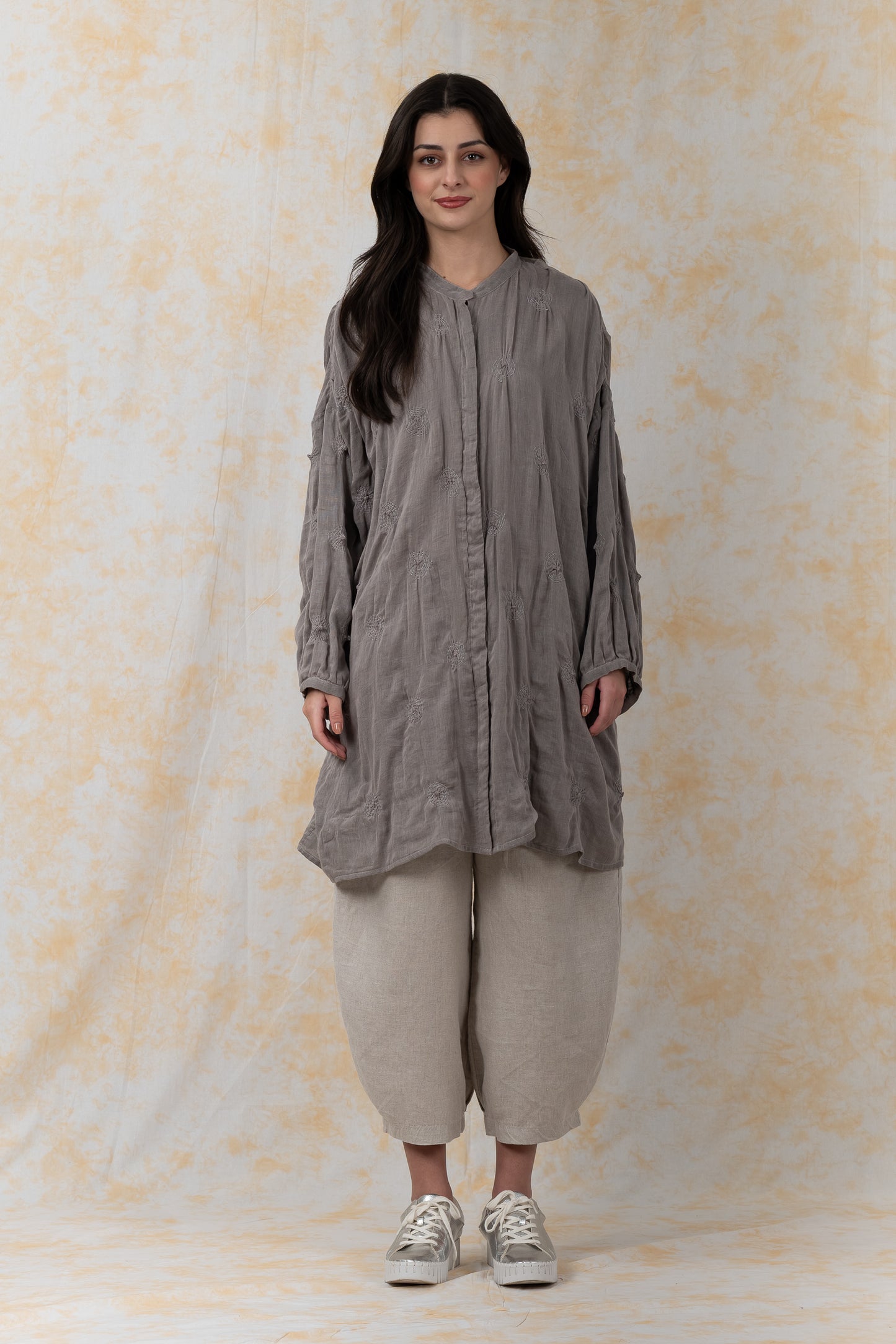 GARMENT SPIRAL KANTHA VOILE -BAND COLLAR OVERSIZED SHIR - bl-gg2587-gry-