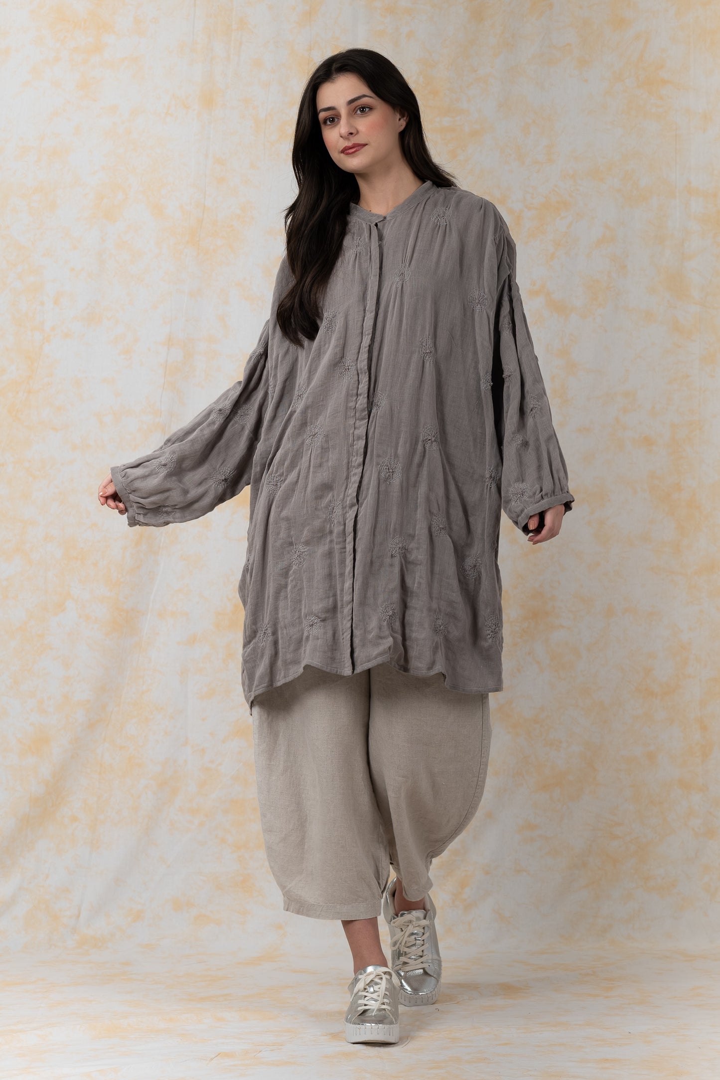 GARMENT SPIRAL KANTHA VOILE -BAND COLLAR OVERSIZED SHIR - bl-gg2587-gry-