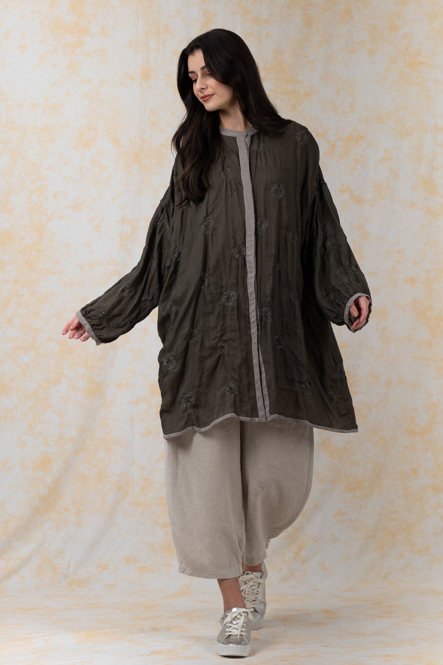 GARMENT SPIRAL KANTHA VOILE -BAND COLLAR OVERSIZED SHIR - bl-gg2587-gry-