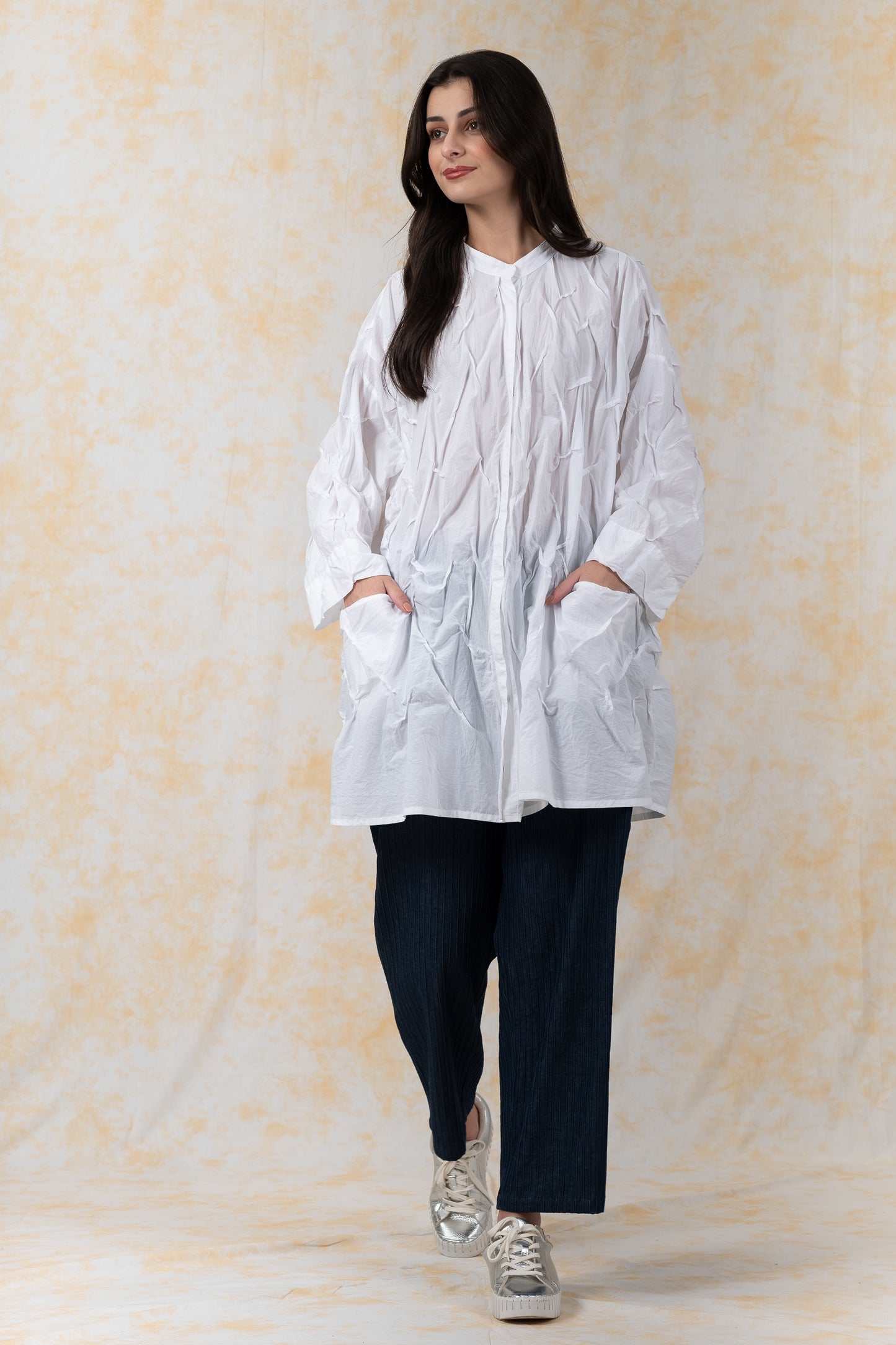 POLISHED COTTON WAVY TUCK-OVERSIZED SHIRT - bl-wl1555-ivy-