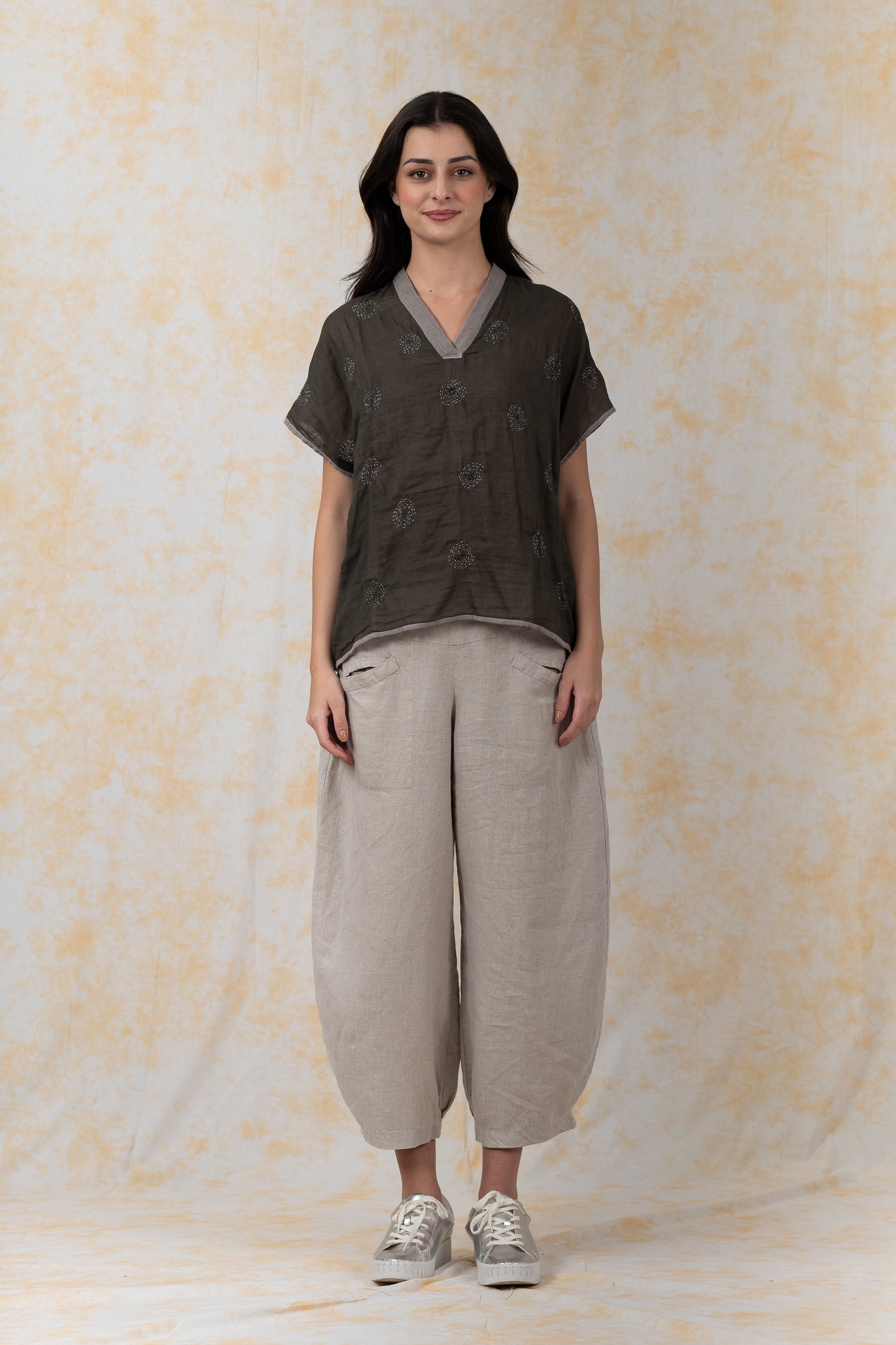 GARMENT SPIRAL KANTHA VOILE -V-NECK BINDING COLLAR TOP - bl-gg2589-gry-