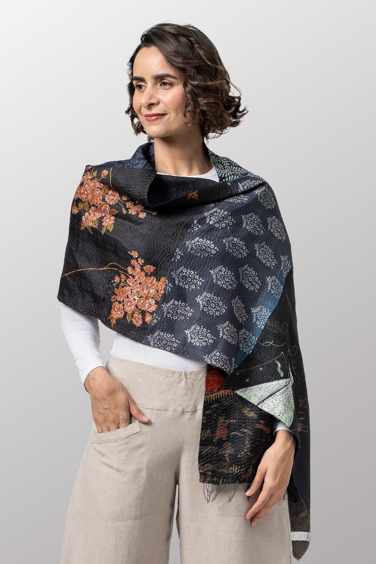VINTAGE SILK PATCH KANTHA SCARF STANDARD - vp2801-blk -
