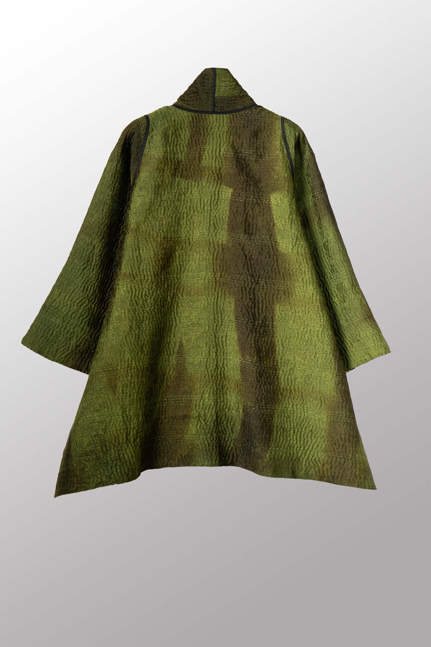 VINTAGE JACQUARD CLAMP DYE WITH PRINTED SILK KANTHA A-LINE JACKET - jk4003-0001a -