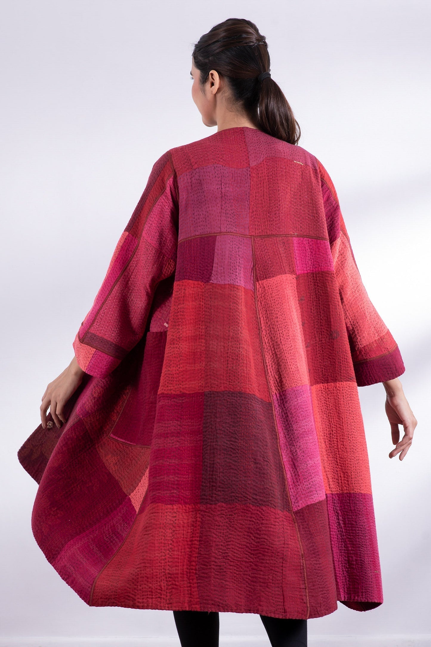 STRIPE AND CHECK COTTON SILK PATCH KANTHA WRAP FLARE COAT - ss4330-red -