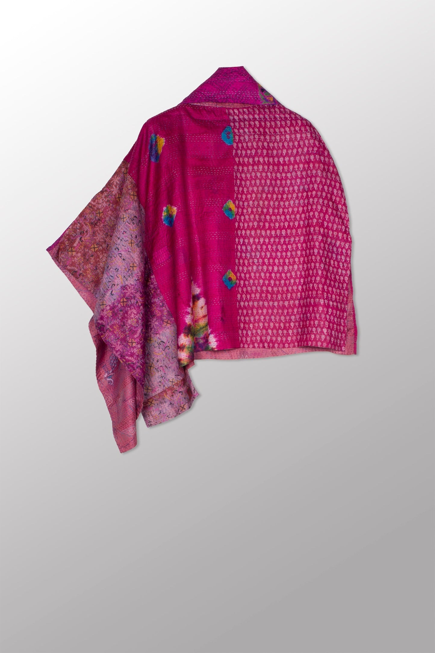 VINTAGE SILK KANTHA COWL NECK LONG CAPE - sv2842-mlt -