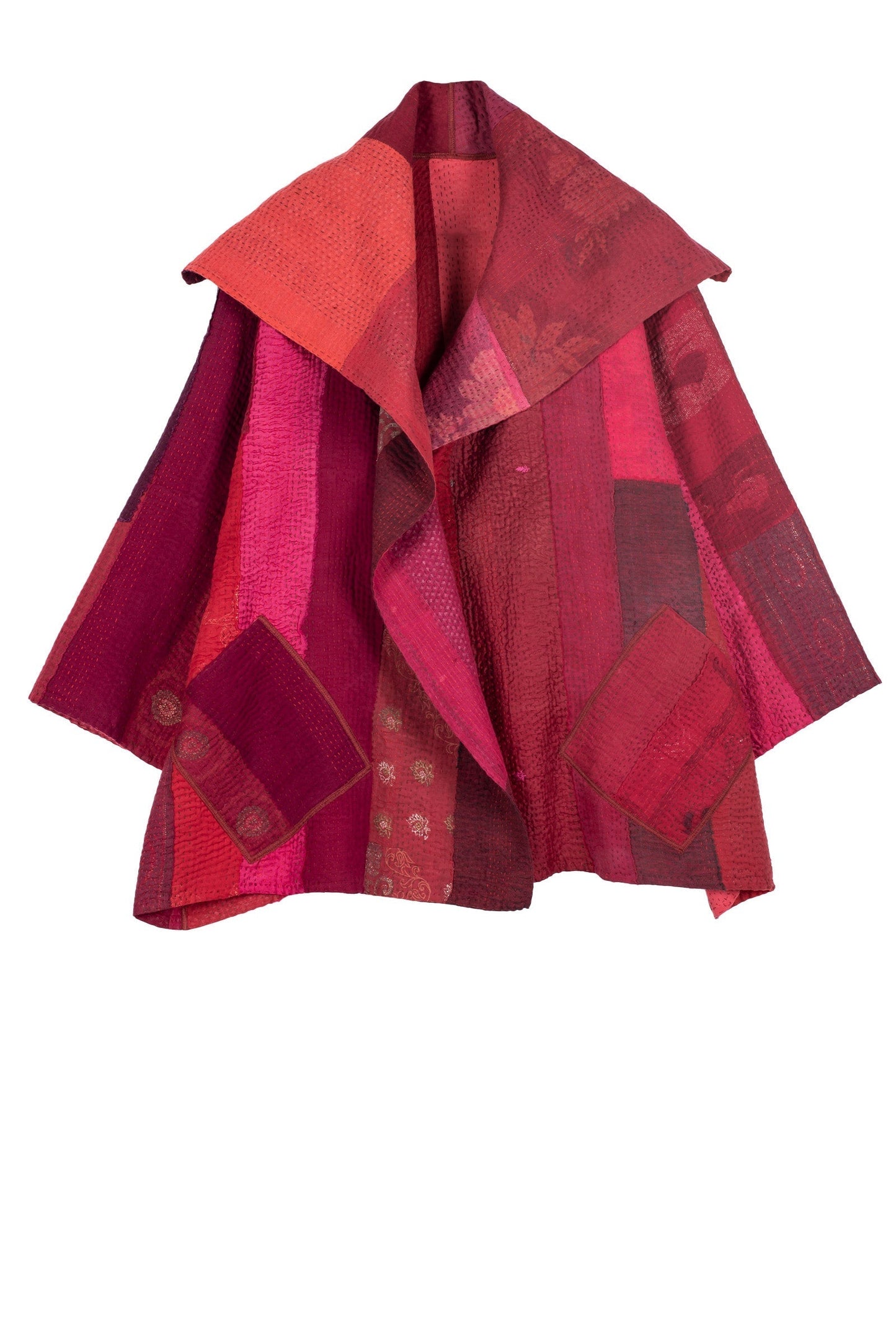 STRIPE AND CHECK COTTON SILK PATCH KANTHA FLARE JACKET - ss4010-red -