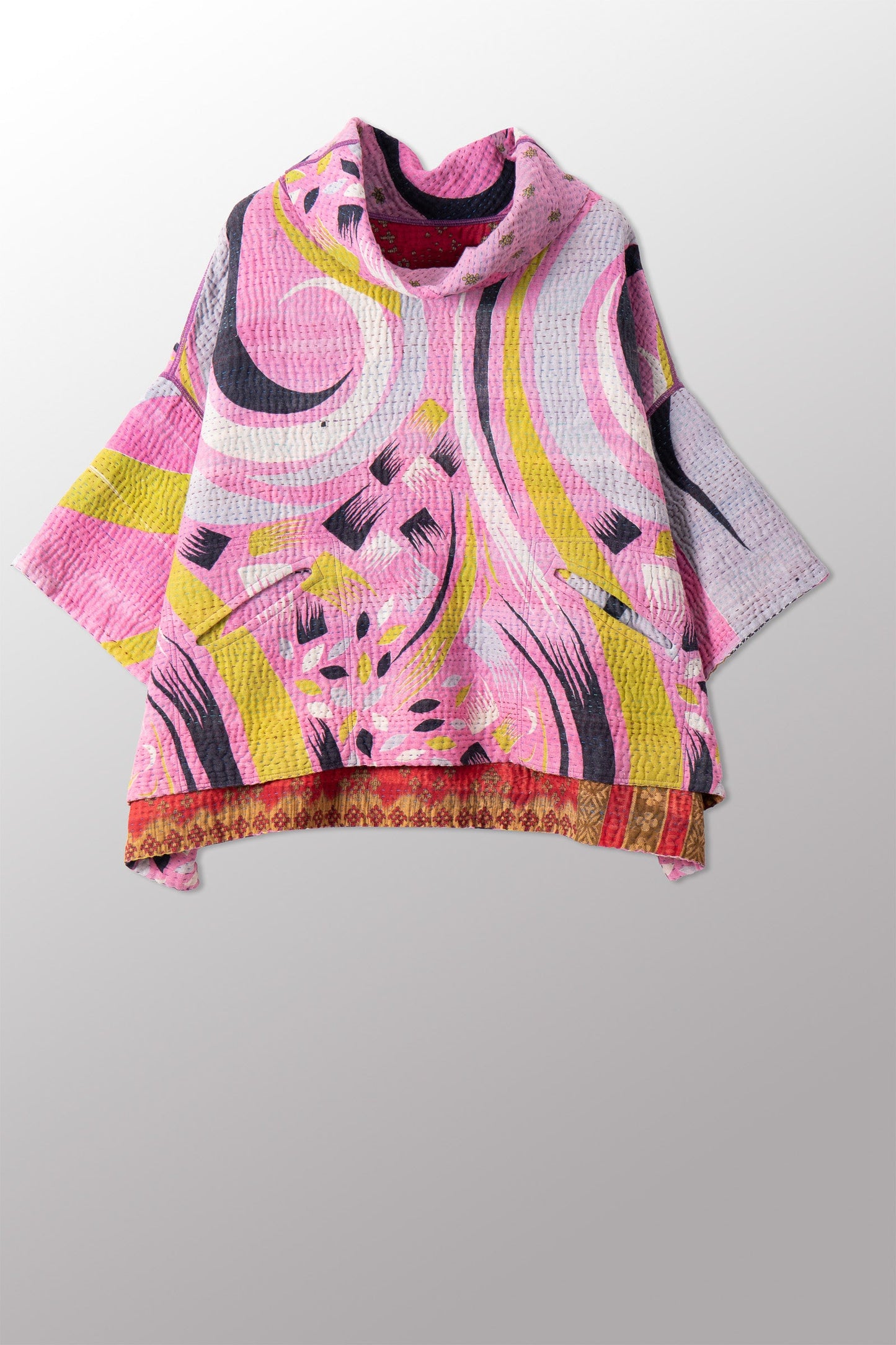 VINTAGE COTTON KANTHA COWL NECK PONCHO - cv4061-0032a -