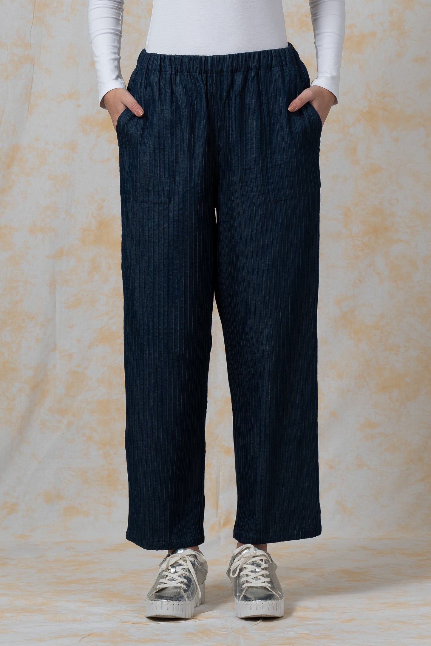 SOFT DENIM MACHINE PINTUCK-STRAIGHT PANTS - bl-dt1664-nvy-