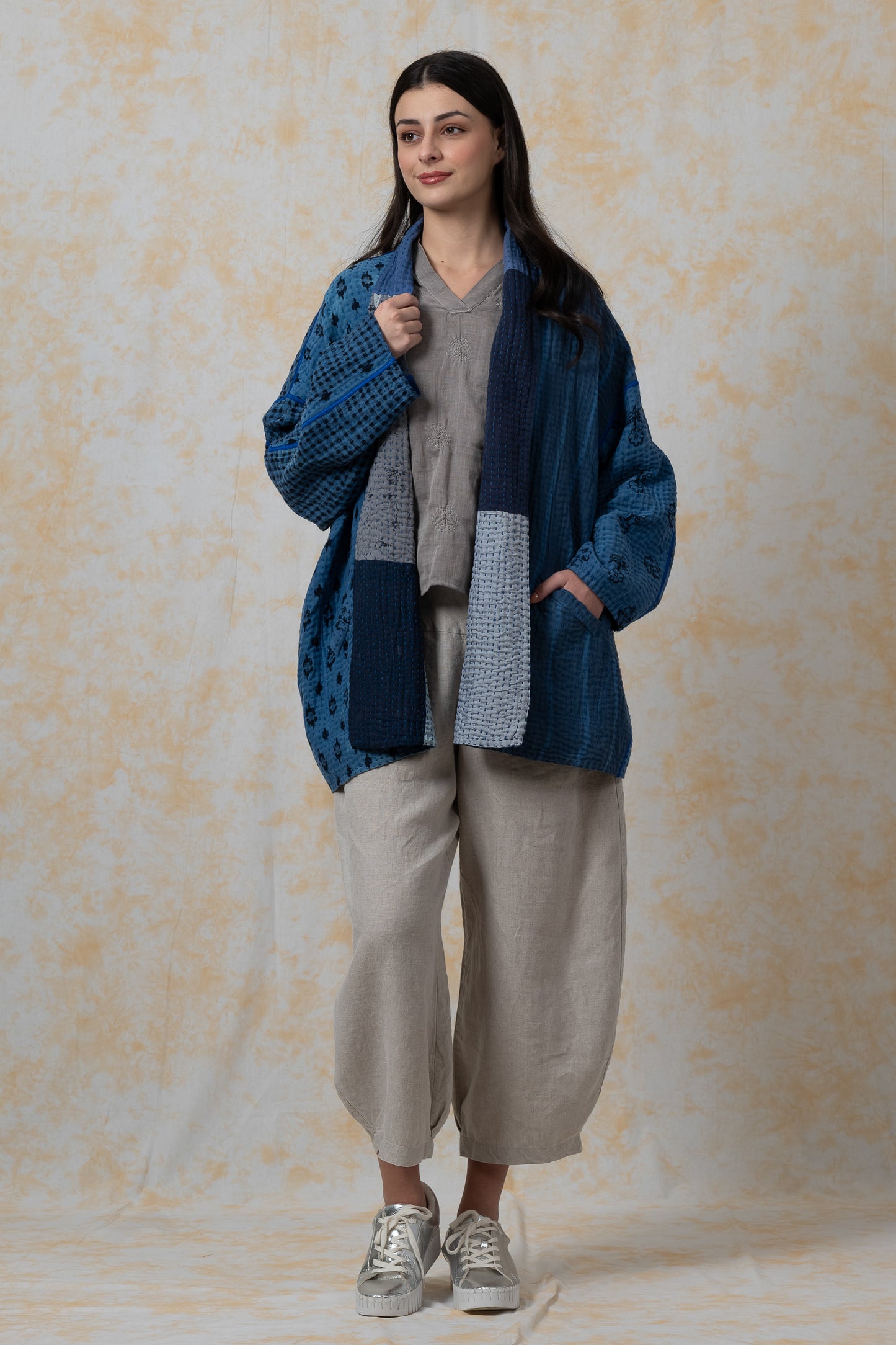 BBK PATCH KANTHA-JACKET SHORT HAORI - bl-bbp4j106-nvy-