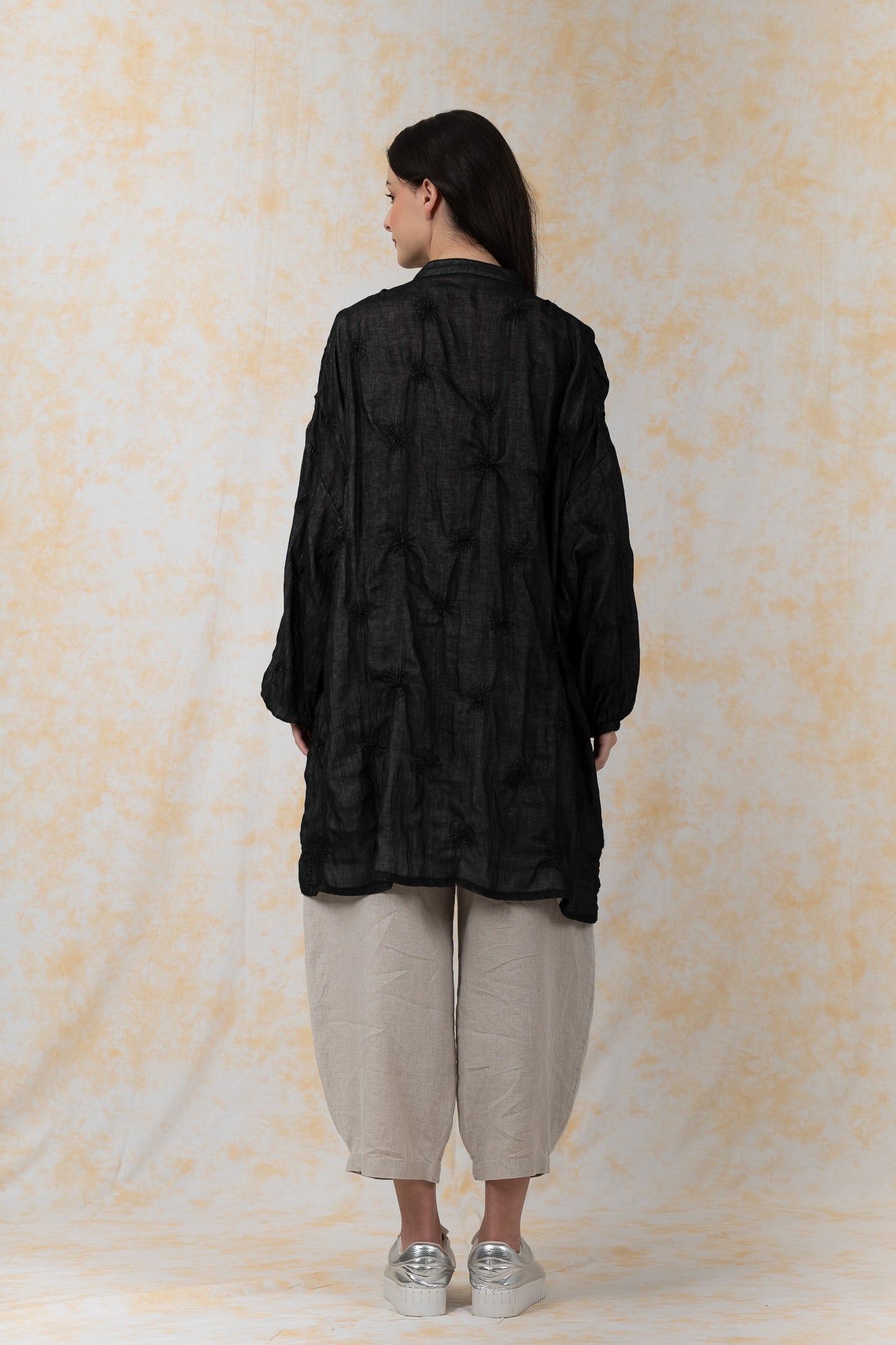 GAUZE SHIBORI GARMENT KANTHA BAND COLLAR OVERSIZED SHIRT - bl-gg2587-blk -