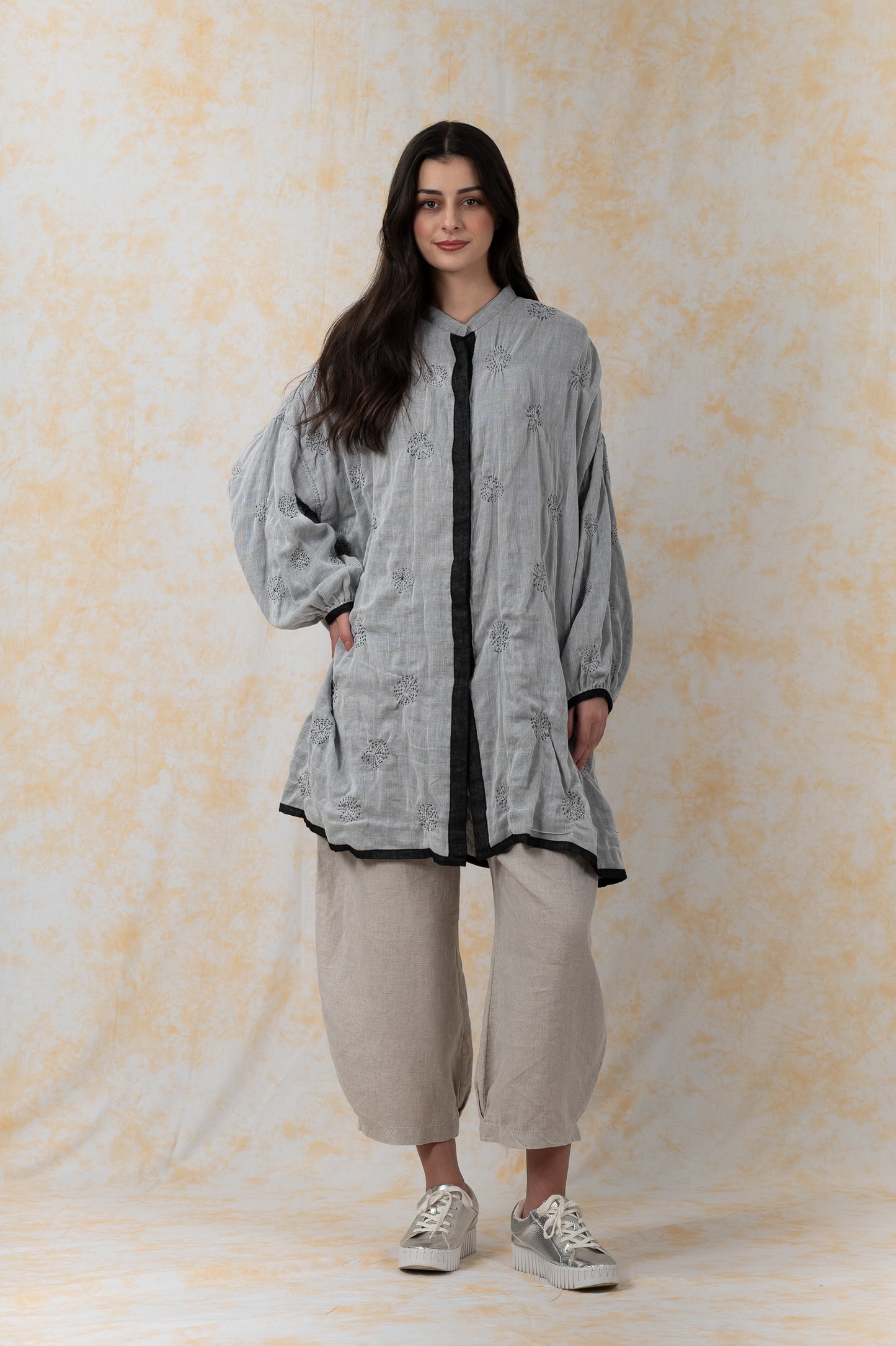 GAUZE SHIBORI GARMENT KANTHA BAND COLLAR OVERSIZED SHIRT - bl-gg2587-blk -