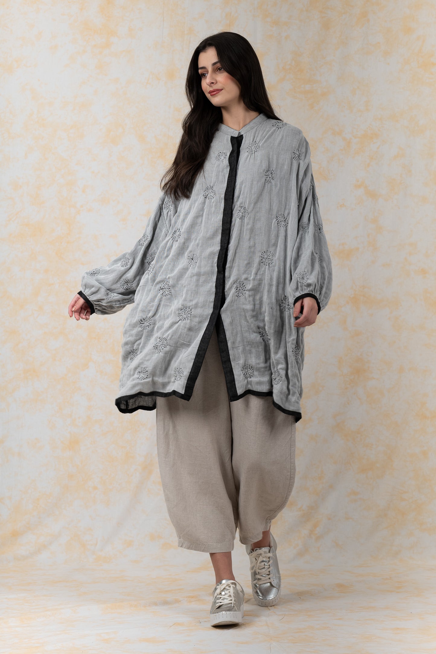 GAUZE SHIBORI GARMENT KANTHA BAND COLLAR OVERSIZED SHIRT - bl-gg2587-blk -