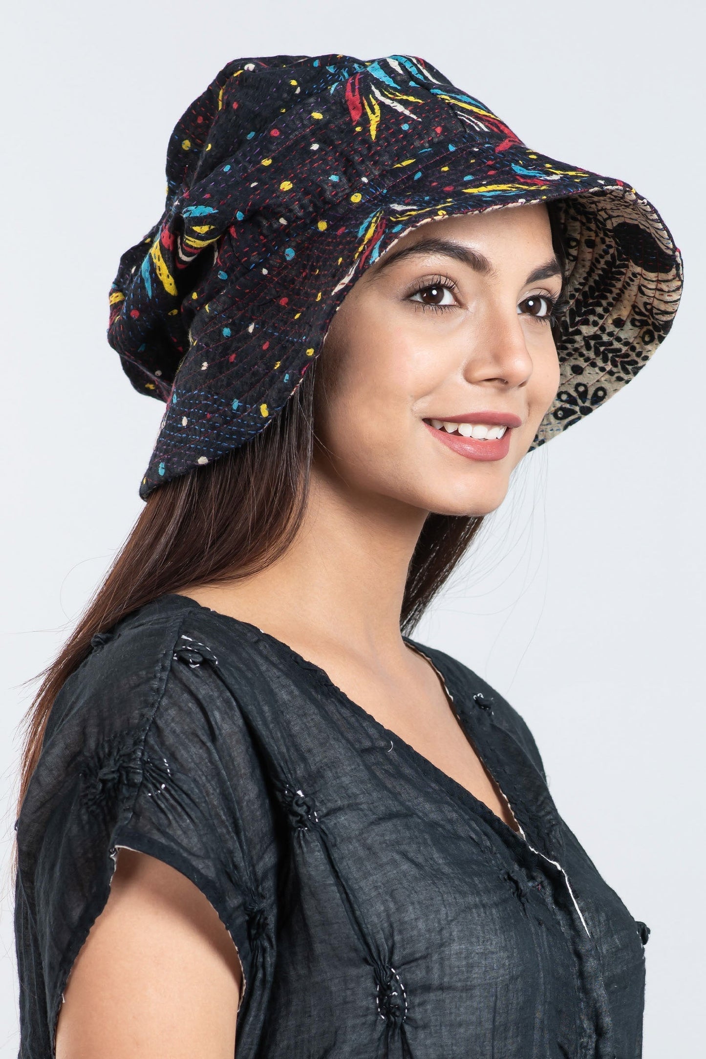 PATCHED & LEAVES KANTHA FULL BRIM HAT - pl2889-blk -