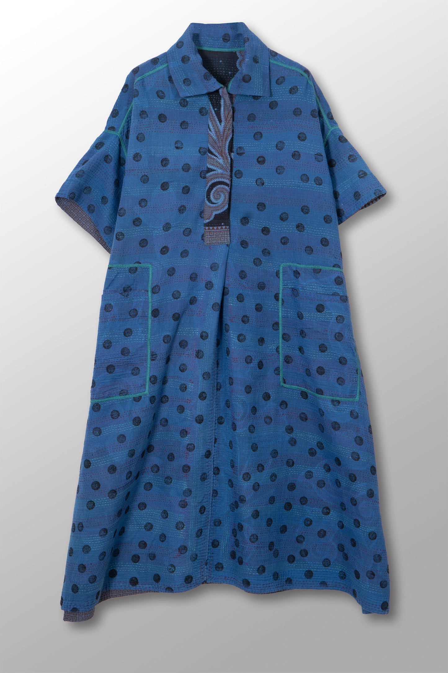 VINTAGE COTTON & NEW VOILE KANTHA WING COLLAR DRESS - cn2454-0003a -