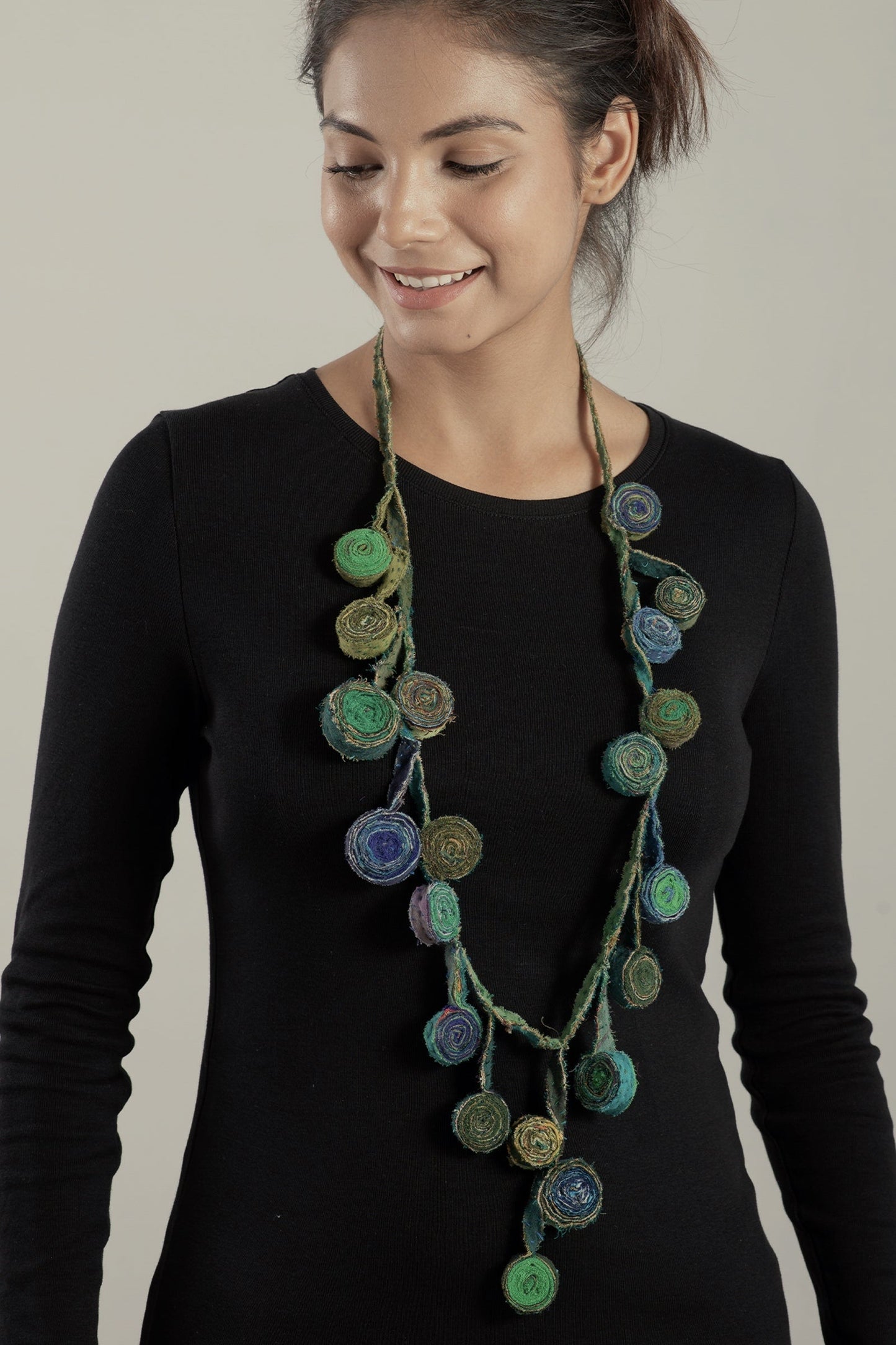 VINTAGE COTTON KANTHA EDDY LONG NECKLACE - cv2716-grn -