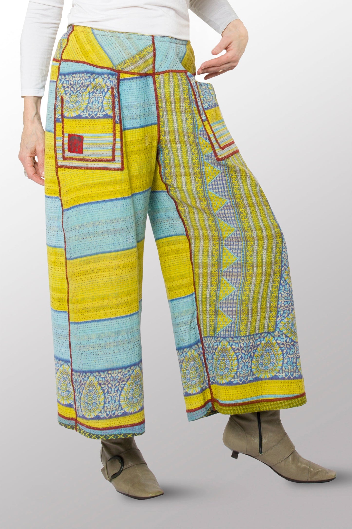 VINTAGE COTTON KANTHA MID RISE WIDE LEG PANTS - cv2665-0003m -
