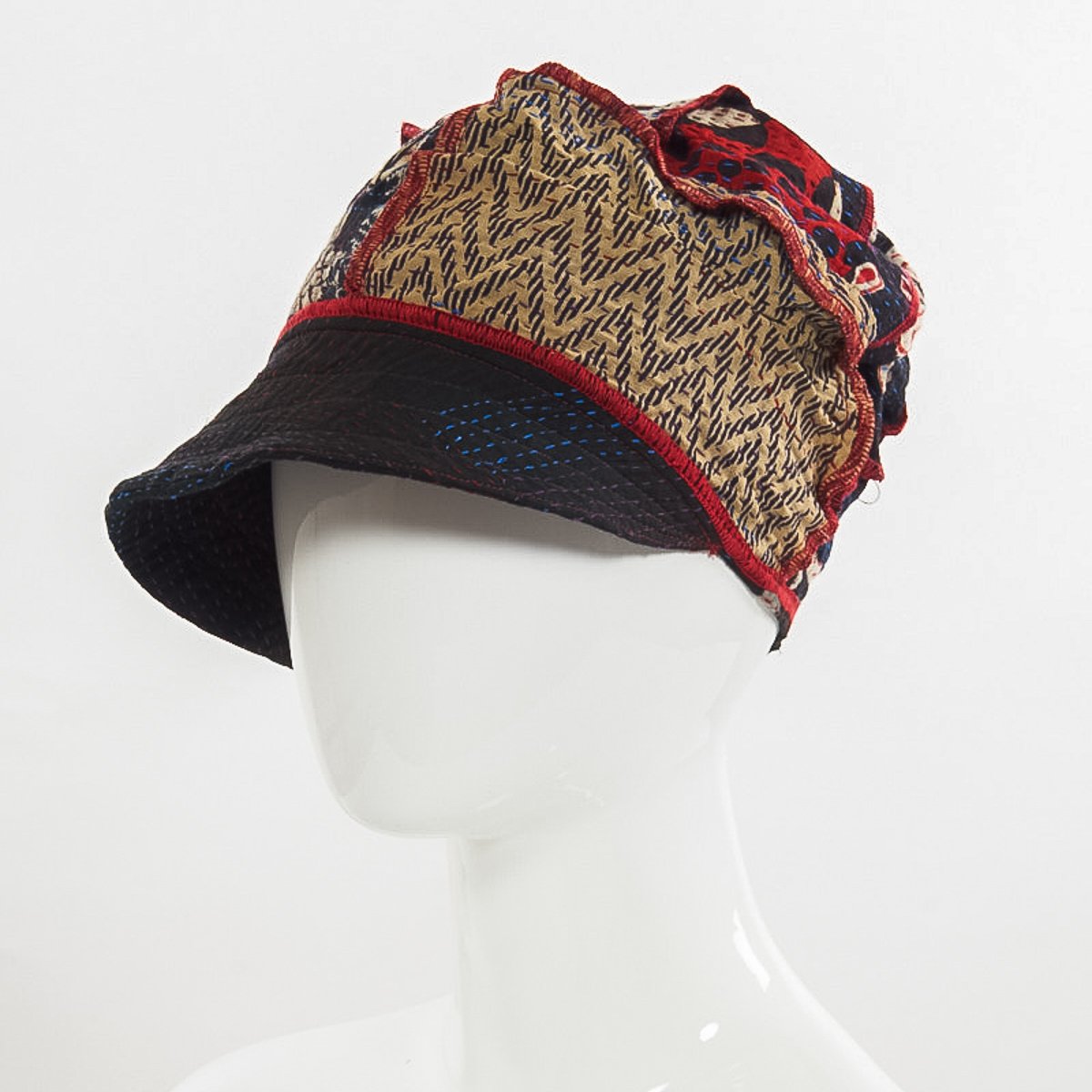 PATCH & CIRCLE PRINT KANTHA HALF BRIM HAT - pc2881-blk -