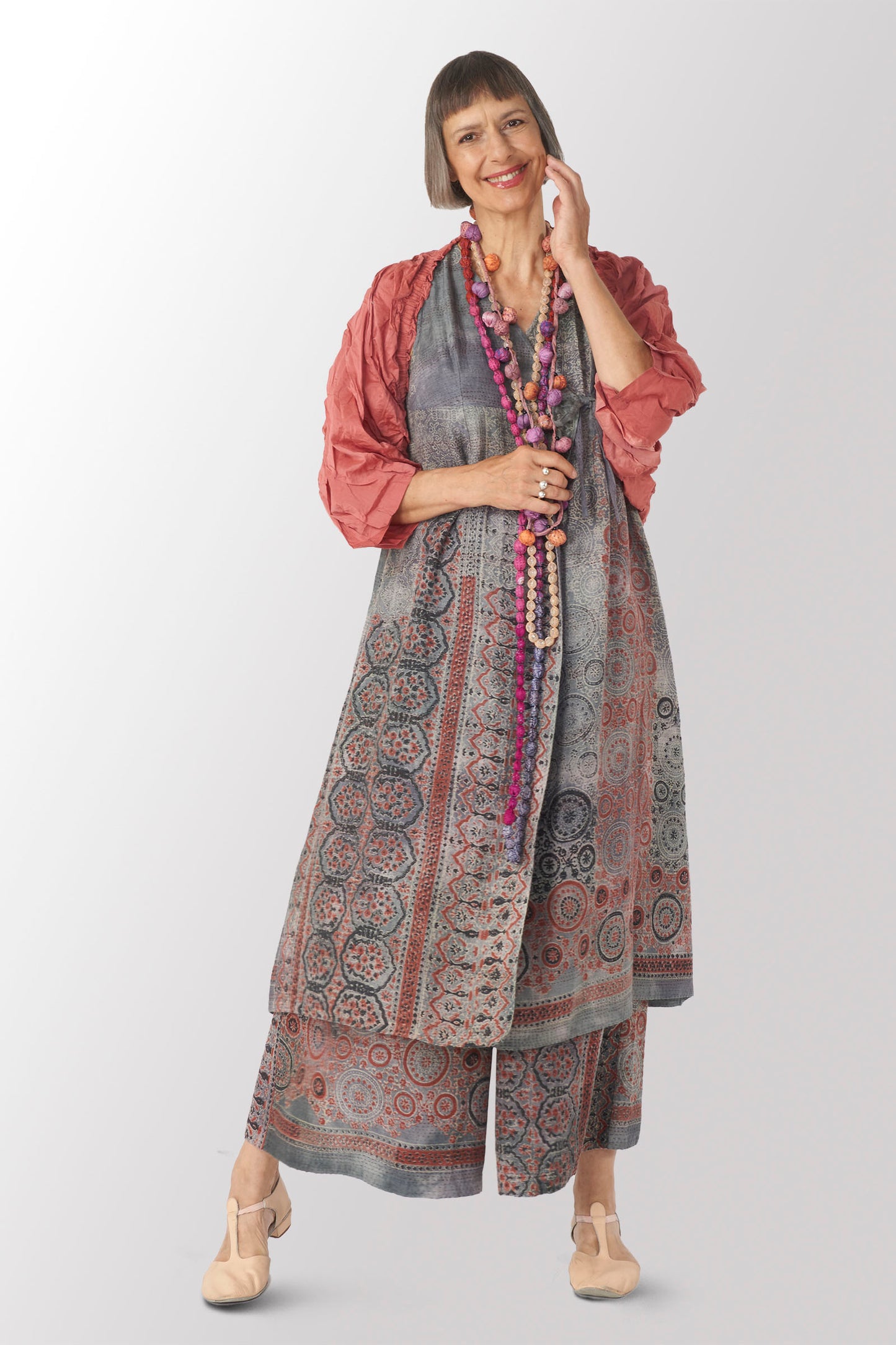 DYED COTTON SILK VOILE WAVY TUCK SHRUG - dc1067-pik -