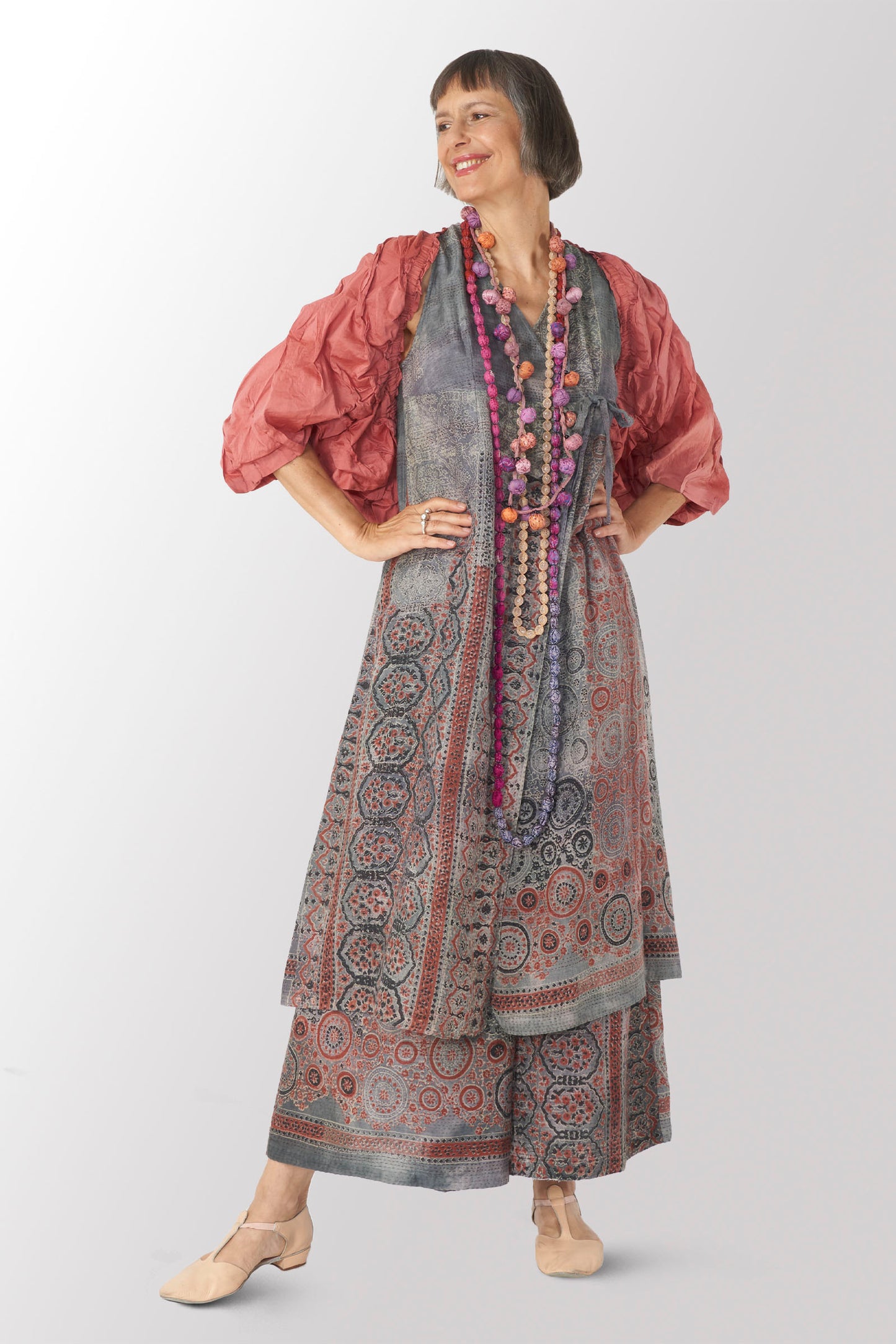 DYED COTTON SILK VOILE WAVY TUCK SHRUG - dc1067-pik -