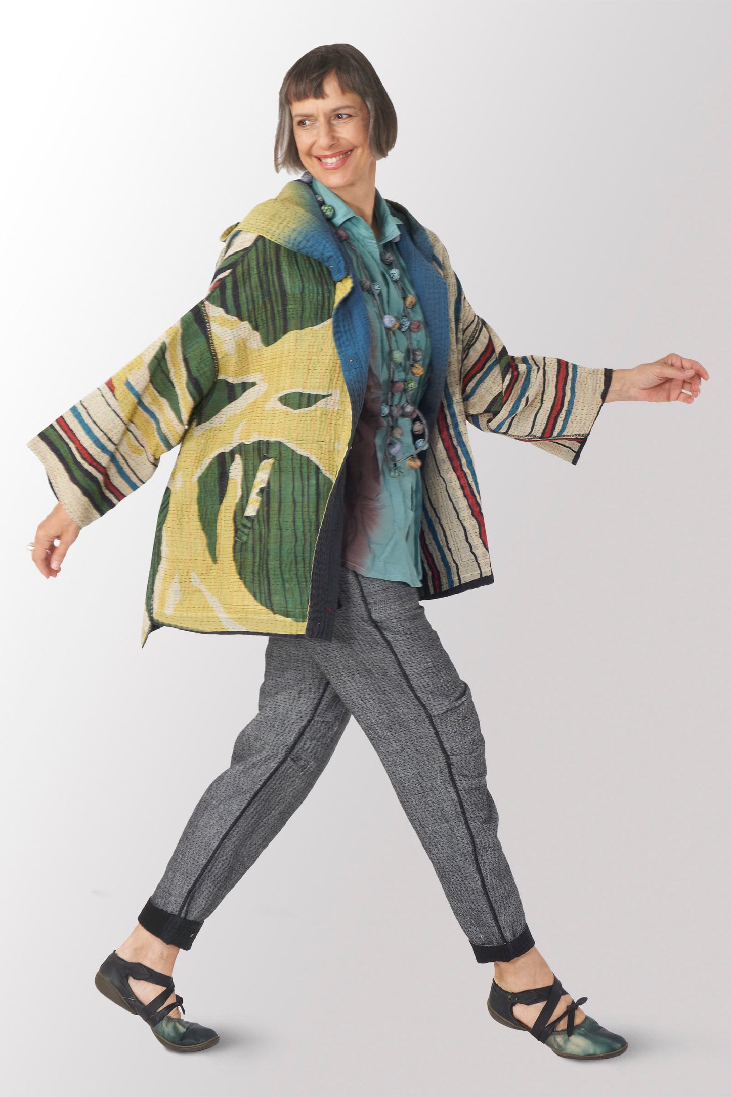 STRIPE AND BENDS KANTHA HOODIE PONCHO - sb4064-grn -