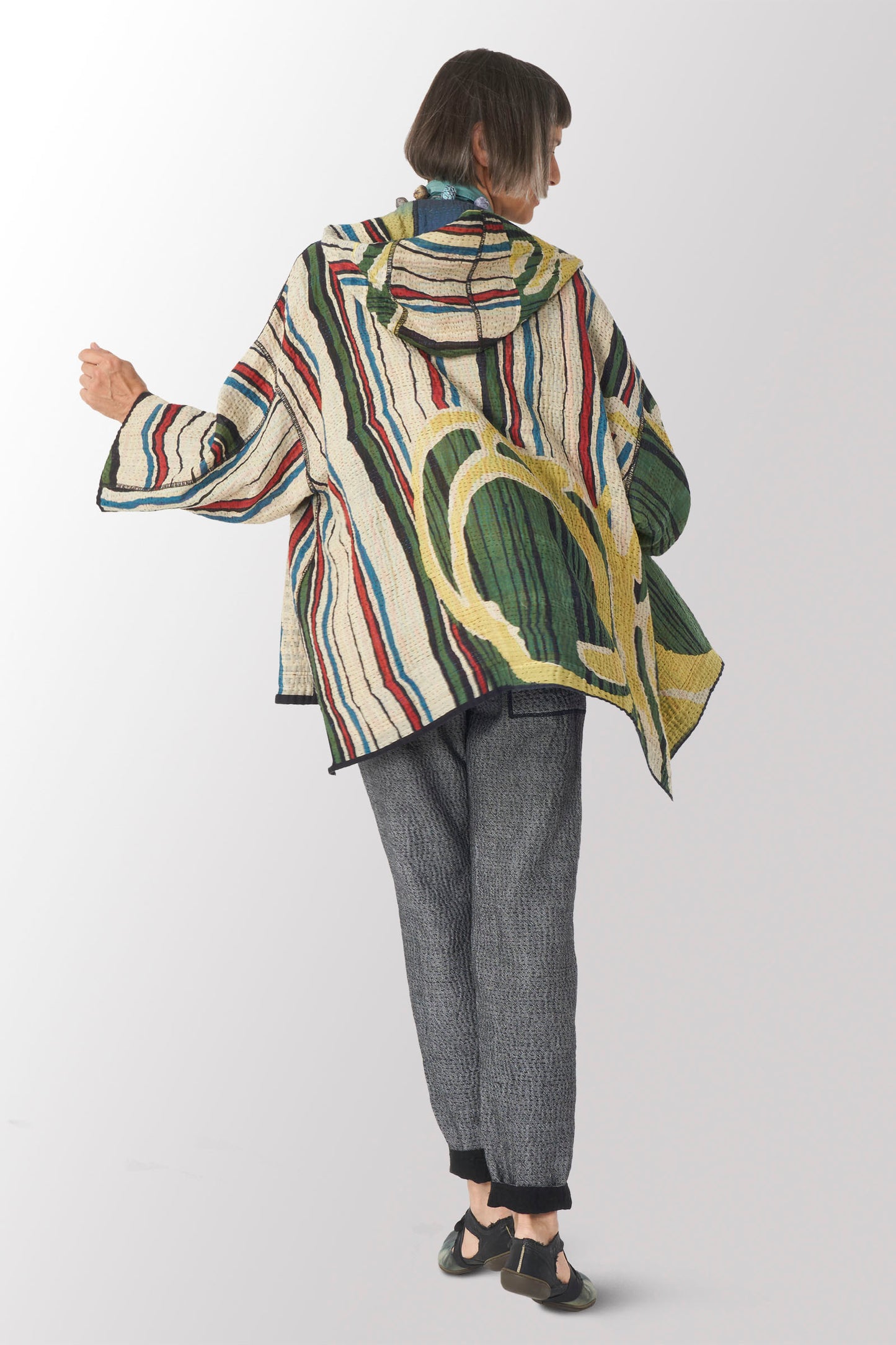 STRIPE AND BENDS KANTHA HOODIE PONCHO - sb4064-grn -