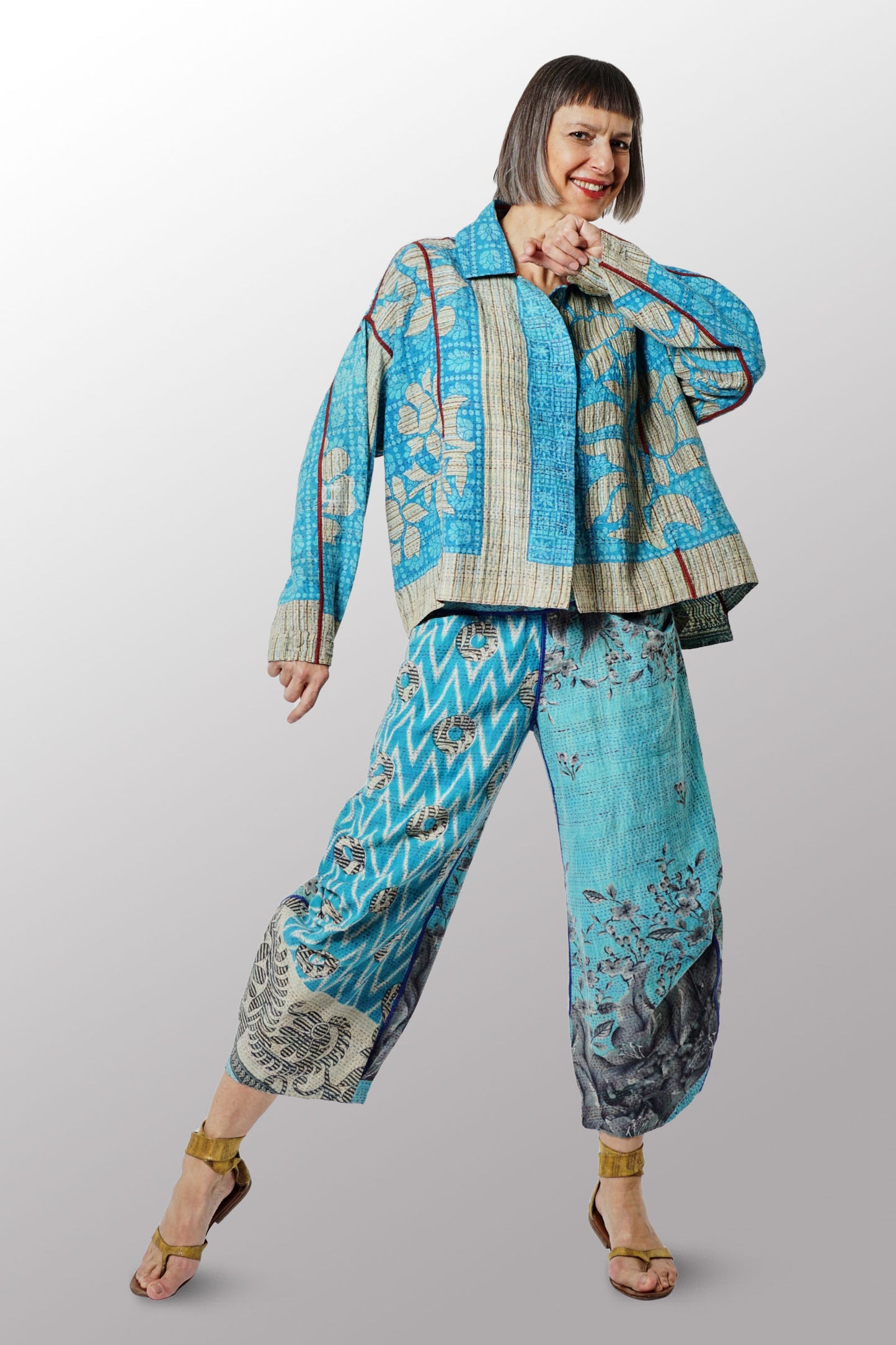 VINTAGE COTTON KANTHA KNEE TUCKED PANTS - cv2625-0014s -