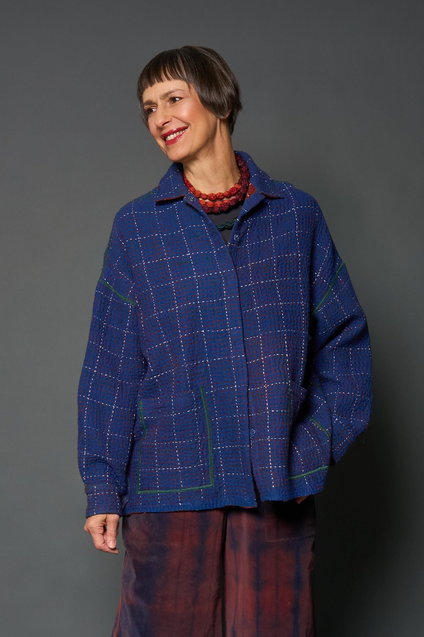 WOOL WAFFLE KANTHA RELAXED SHIRT JACKET - ww3j105-blu -