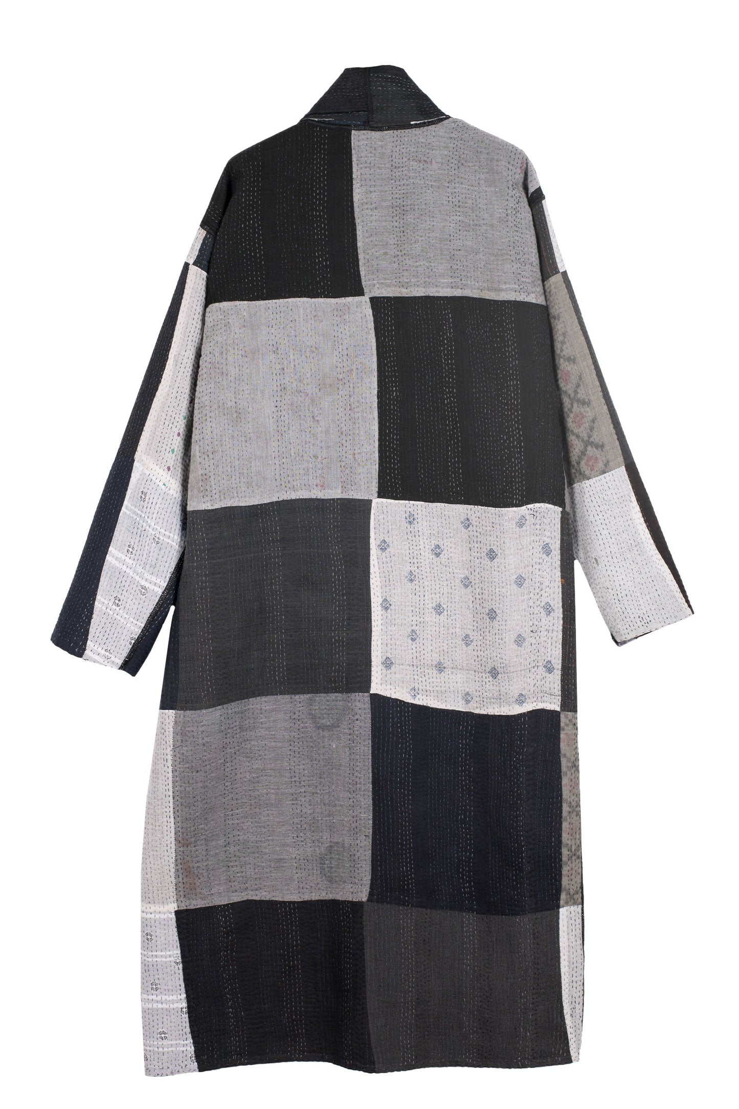 STRIPE AND CHECK COTTON SILK PATCH KANTHA ROBE COAT - ss4329-blk -