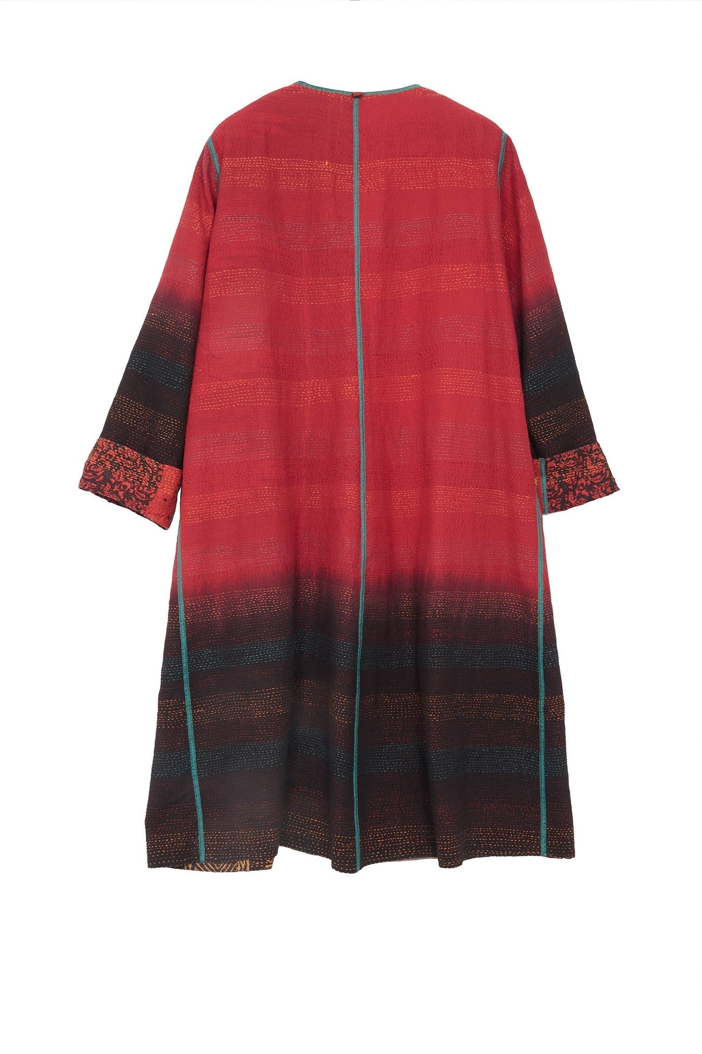 SILK COTTON OMBRE PRINT KANTHA CREW NECK COAT - os2313-red -