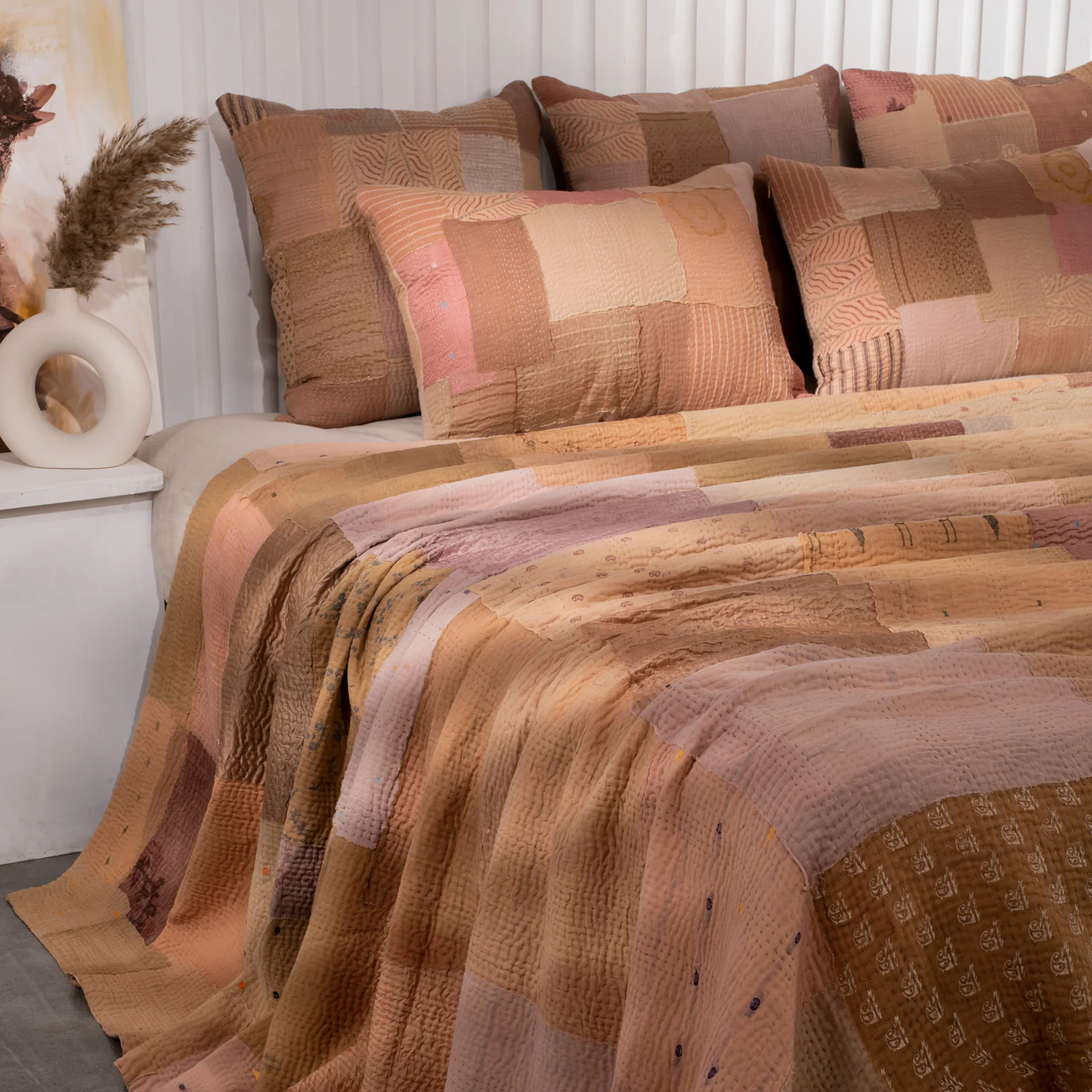Mosaic Fray Handmade Vintage Kantha Bedcover -Mushroom -