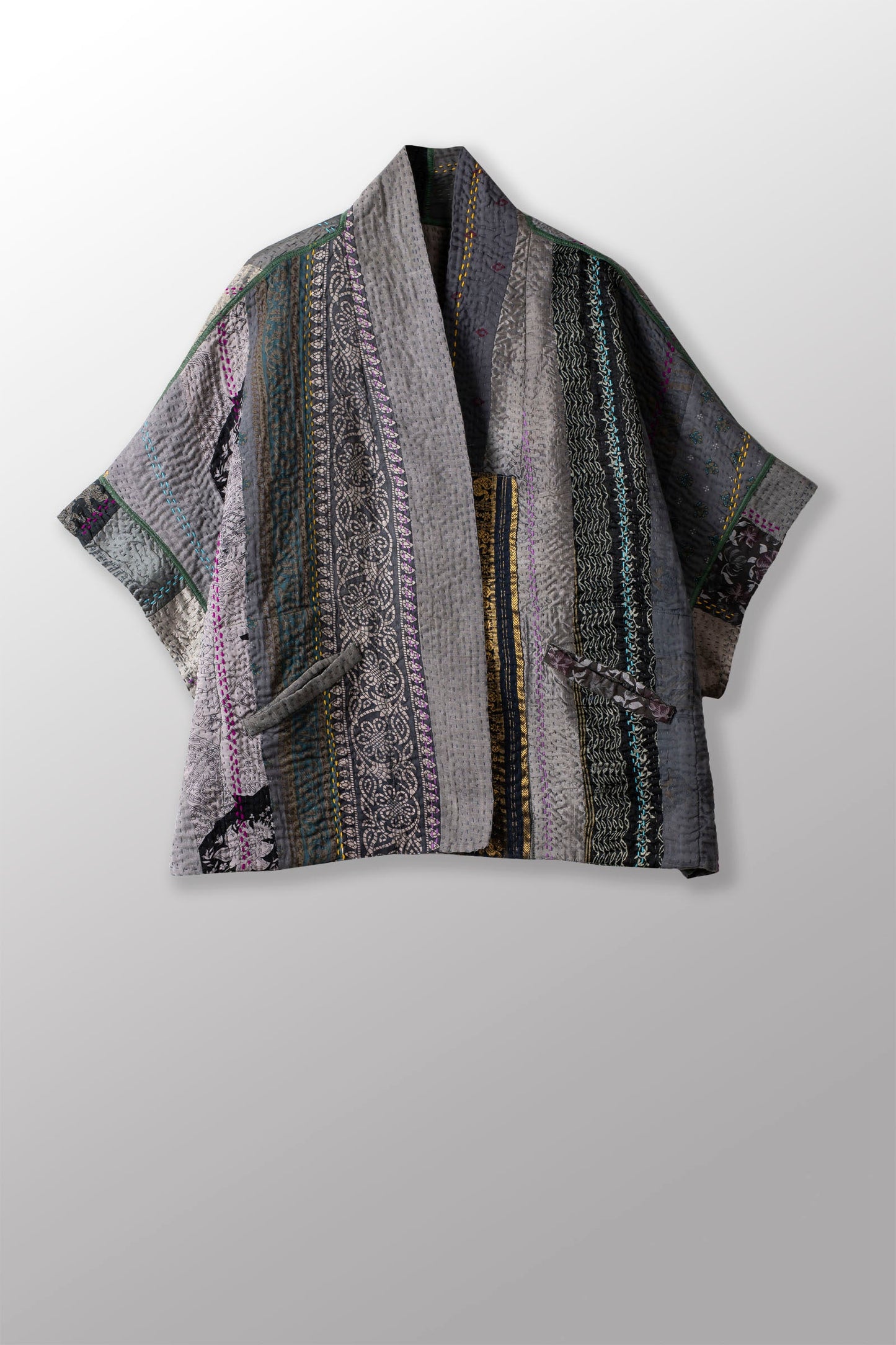 JEWEL WOVEN WITH VERTICAL PATCH KANTHA MINI PONCHO - jv4060-gry -