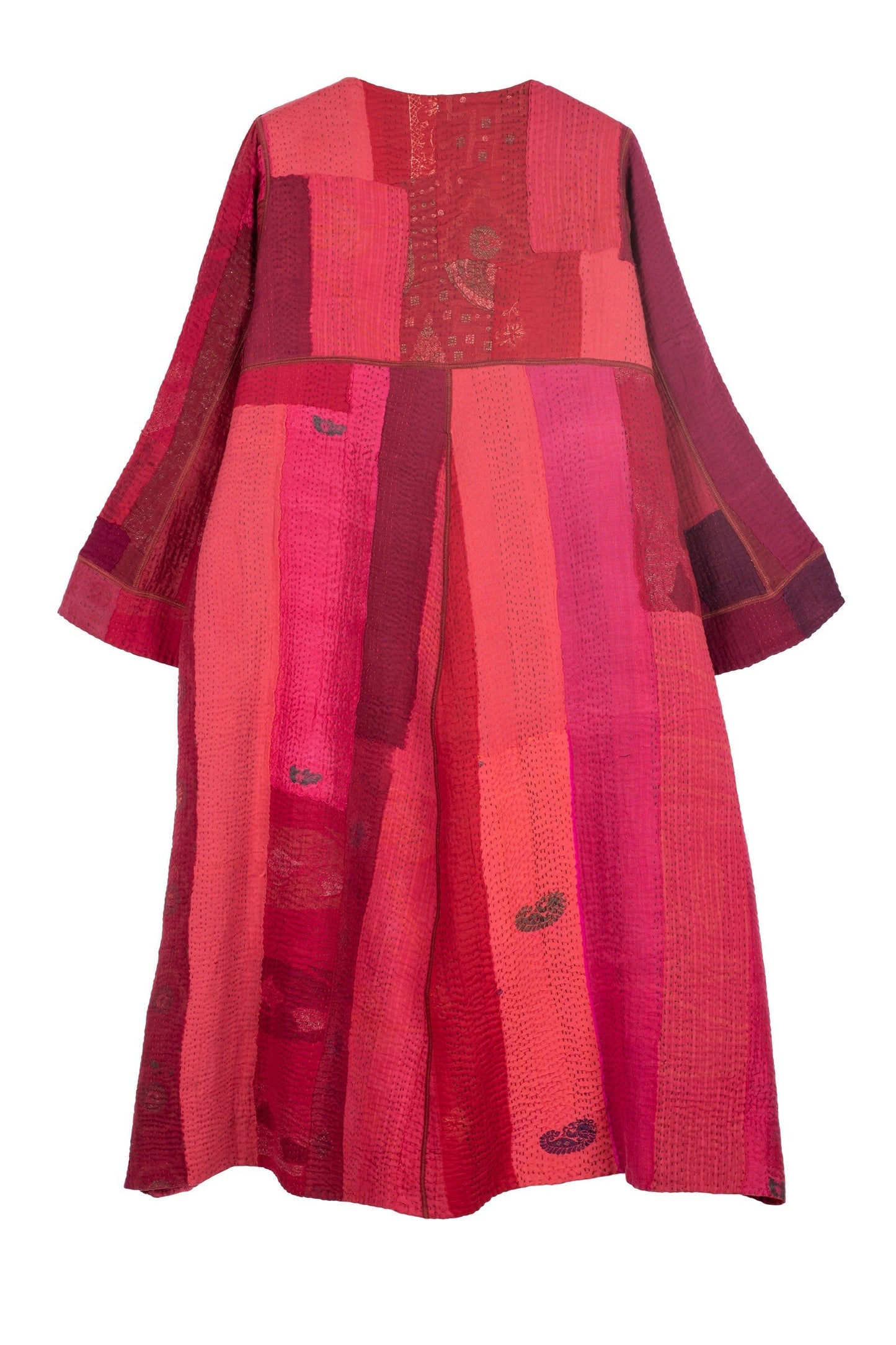 STRIPE AND CHECK COTTON SILK PATCH KANTHA WRAP FLARE COAT - ss4330-red -