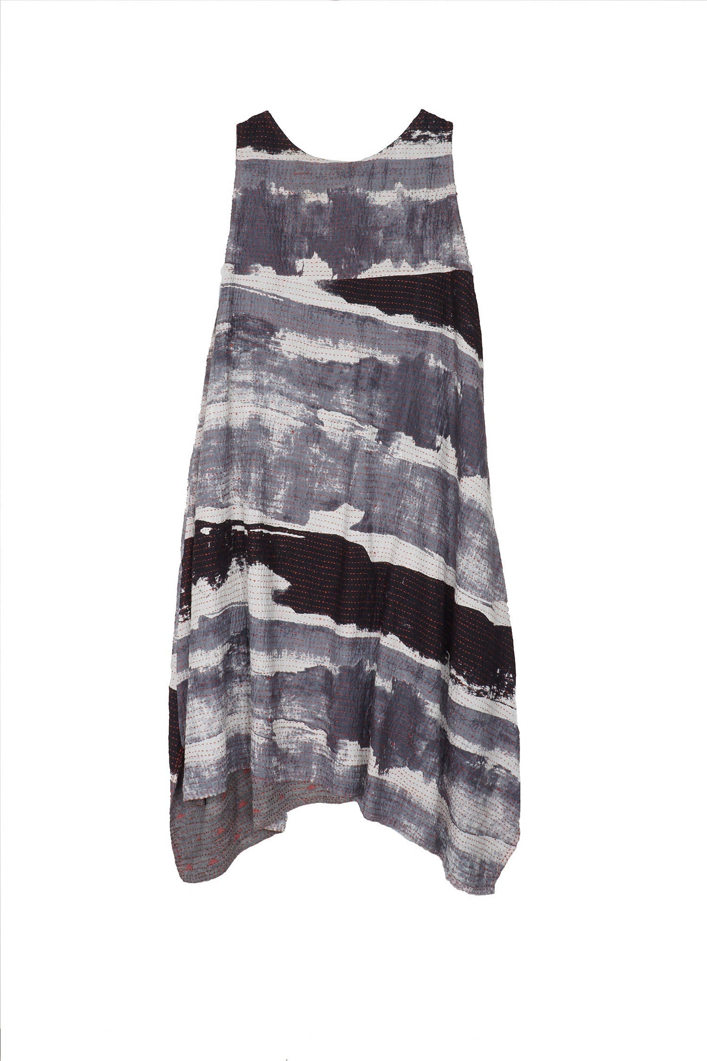 PLANK PRINT KANTHA POINTY HEM DRESS - lb2415-gry -