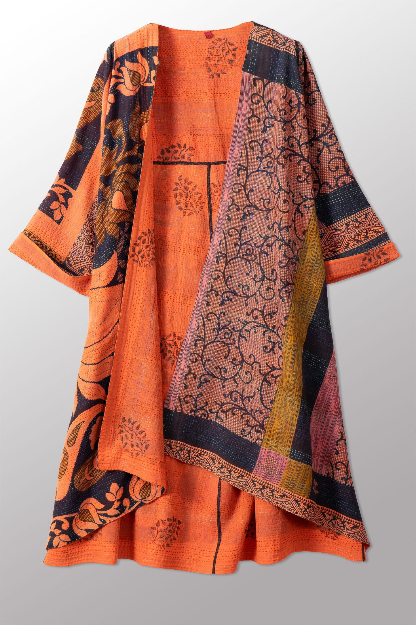 VINTAGE COTTON & NEW VOILE KANTHA WRAP FLARE COAT - cn2330-0001a -