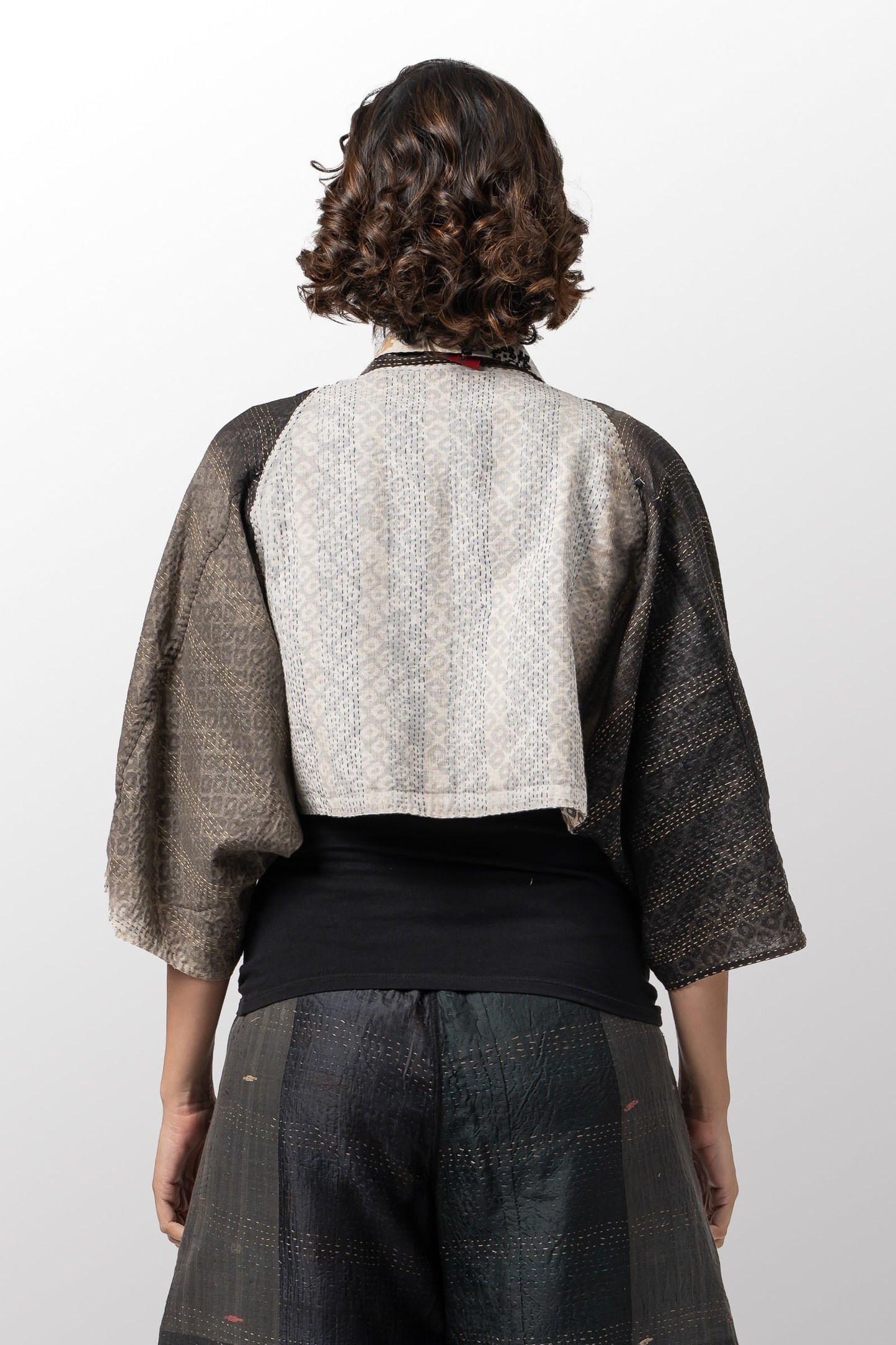 KIMONO COTTON KANTHA PUFF SLV. SHRUG - kc2062-gry -